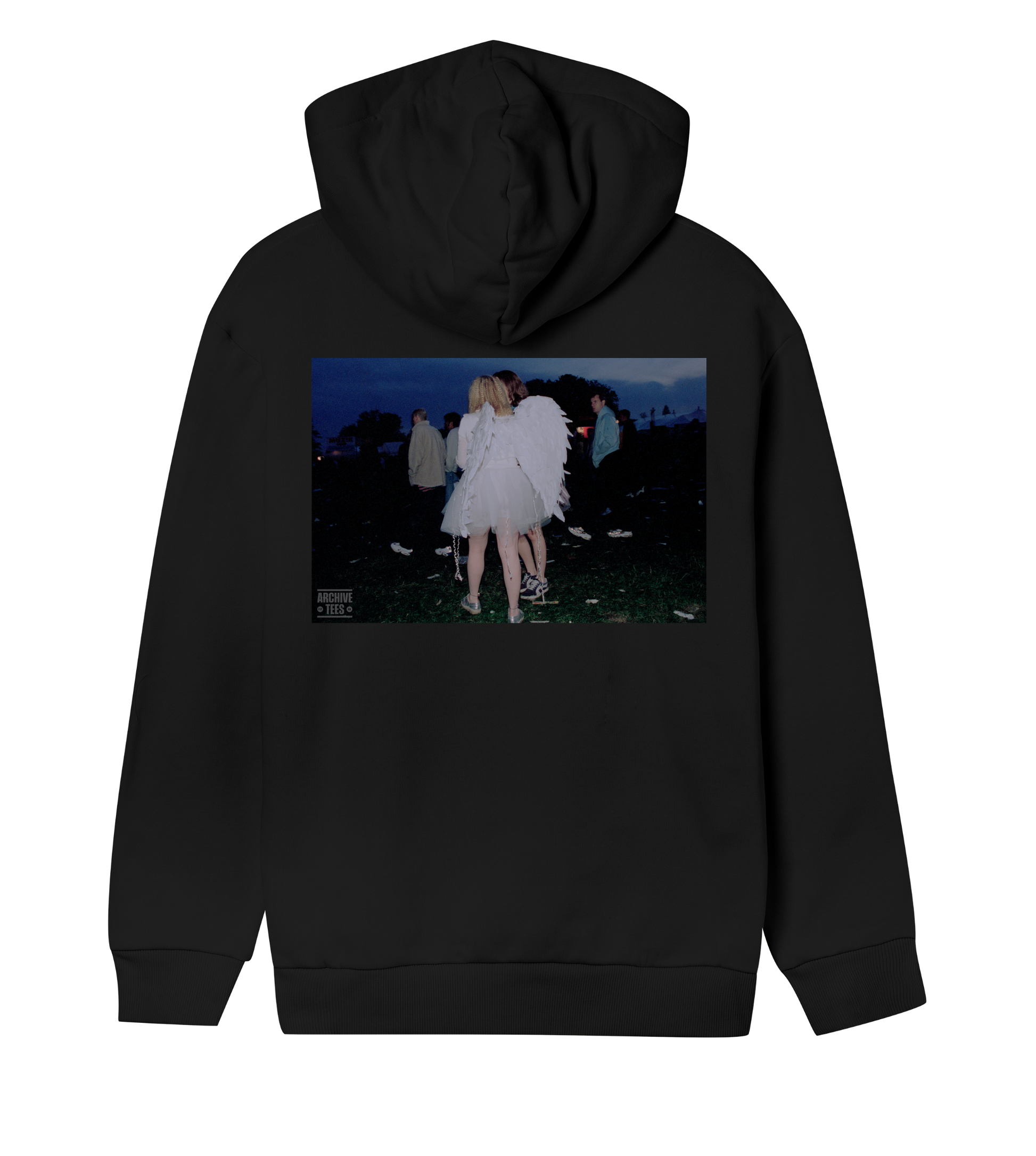 Archive Tees women's hoodie in black with vintage photograph of a girl wearing angel wings at dawn at Creamfields dance music festival 1998 on the back. Vintage festival hoodie by Archive tees. Sold by Archive Tees shop.