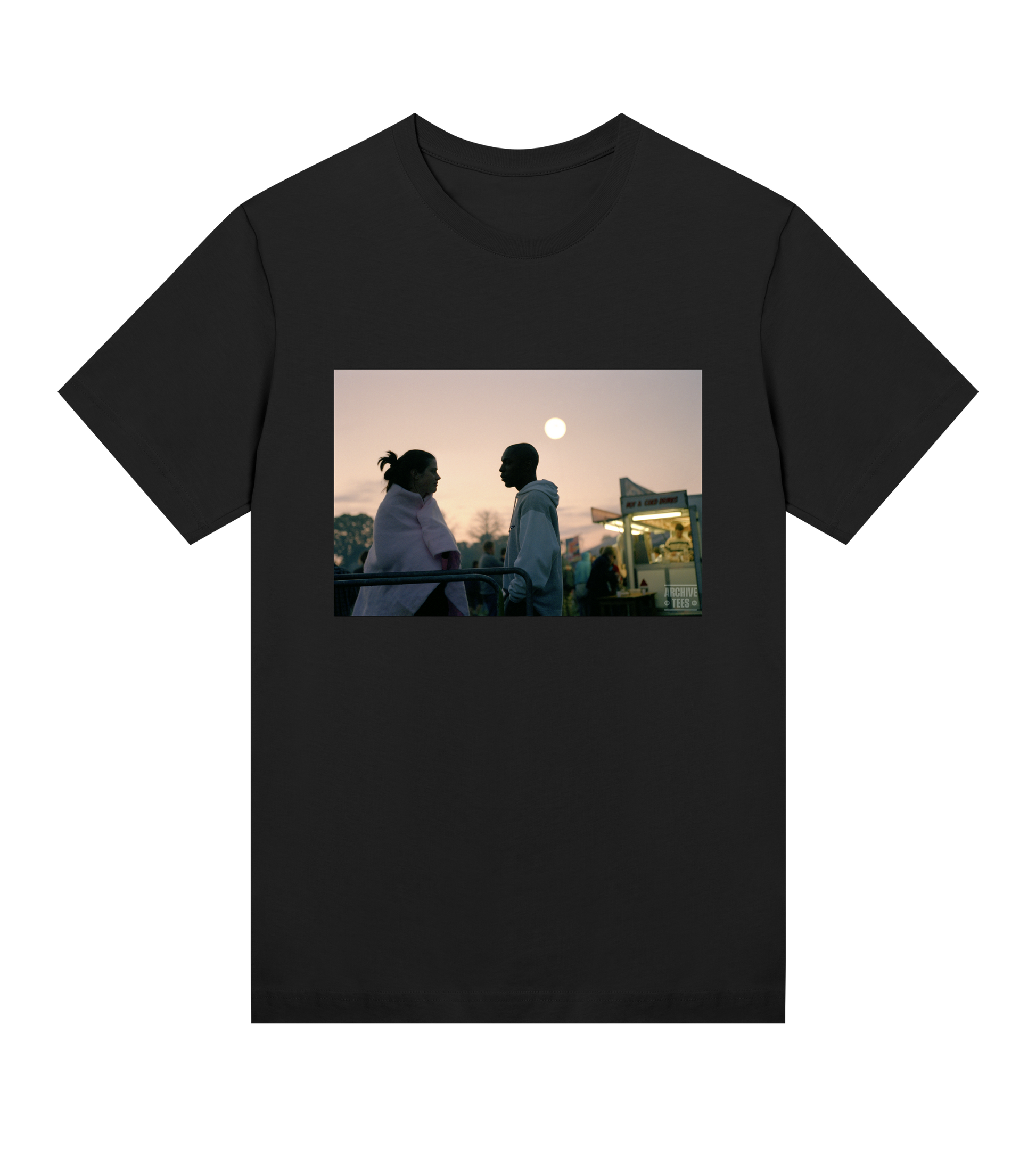 Archive Tees women's T-shirt in black with a vintage picture of a couple at dawn at the Creamfields dance music festival in 1998. Vintage music festival T-shirt. Sold by Archive Tees shop.