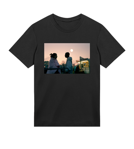 Archive Tees men's T-shirt in black with a vintage picture of a couple at dawn at the Creamfields dance music festival in 1998. Vintage music festival T-shirt. Sold by Archive Tees shop.