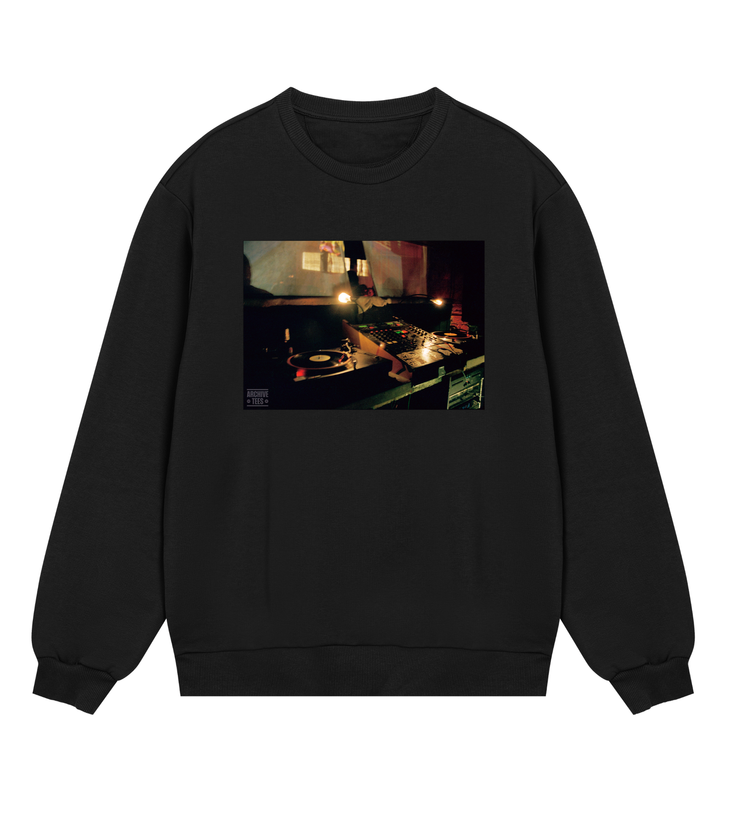 Archive Tees men's sweatshirt in black with vintage photograph of DJ booth at Movement Drum and Bass club night at Bar Rumba London in 1998. Vintage clubbing sweatshirt by Archive Tees. Sold by Archive Tees shop.