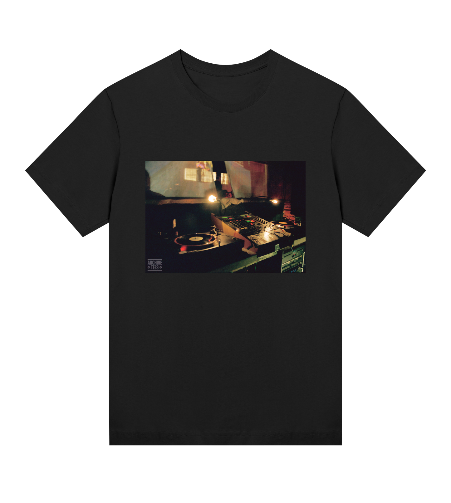 Archive Tees women's T-shirt in black with vintage photograph of DJ booth at Movement Drum and Bass club night at Bar Rumba London in 1998. Vintage clubbing T-shirt by Archive Tees. Sold by Archive Tees shop.