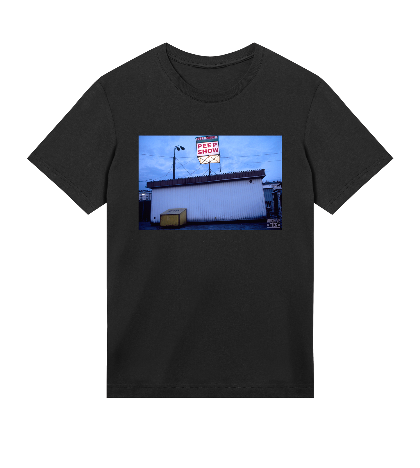 Archive Tees men's T-shirt in black with vintage photograph of Peep Show shed in Warsaw, Poland in 1998. Vintage clubbing T-shirt by Archive Tees. Sold by Archive Tees shop.
