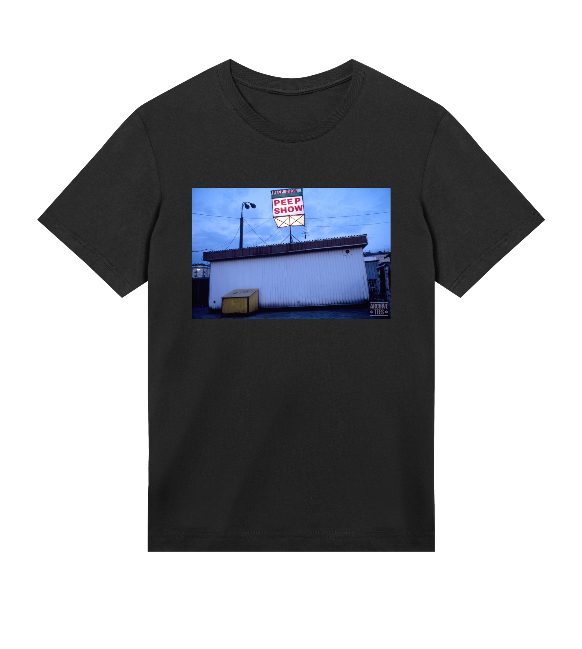 Archive Tees men's T-shirt in black with vintage photograph of Peep Show shed in Warsaw, Poland in 1998. Vintage clubbing T-shirt by Archive Tees. Sold by Archive Tees shop.
