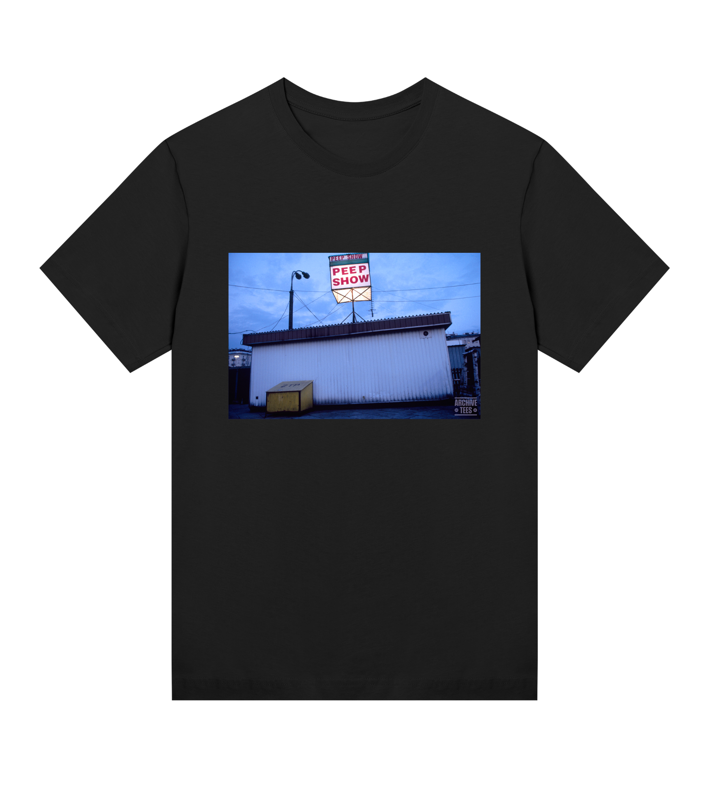 Archive Tees women's T-shirt in black with vintage photograph of Peep Show shed in Warsaw, Poland in 1998. Vintage clubbing T-shirt by Archive Tees. Sold by Archive Tees shop.