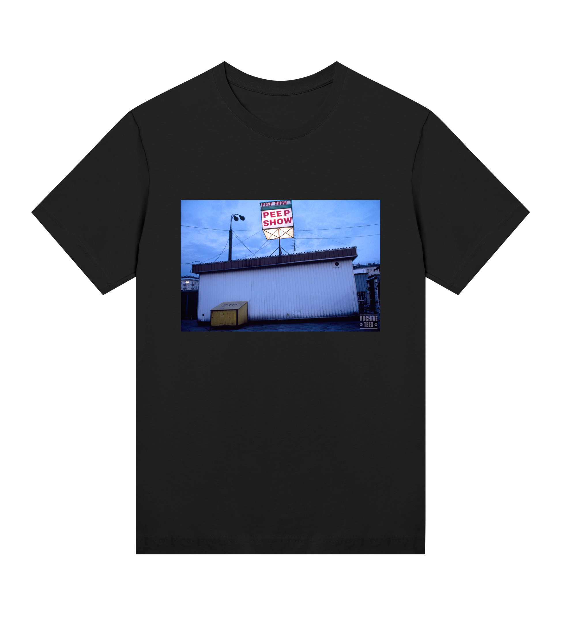 Archive Tees women's T-shirt in black with vintage photograph of Peep Show shed in Warsaw, Poland in 1998. Vintage clubbing T-shirt by Archive Tees. Sold by Archive Tees shop.