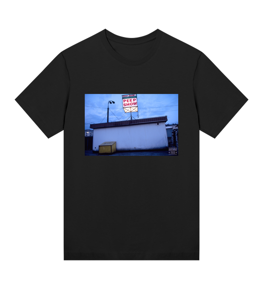 Archive Tees women's T-shirt in black with vintage photograph of Peep Show shed in Warsaw, Poland in 1998. Vintage clubbing T-shirt by Archive Tees. Sold by Archive Tees shop.