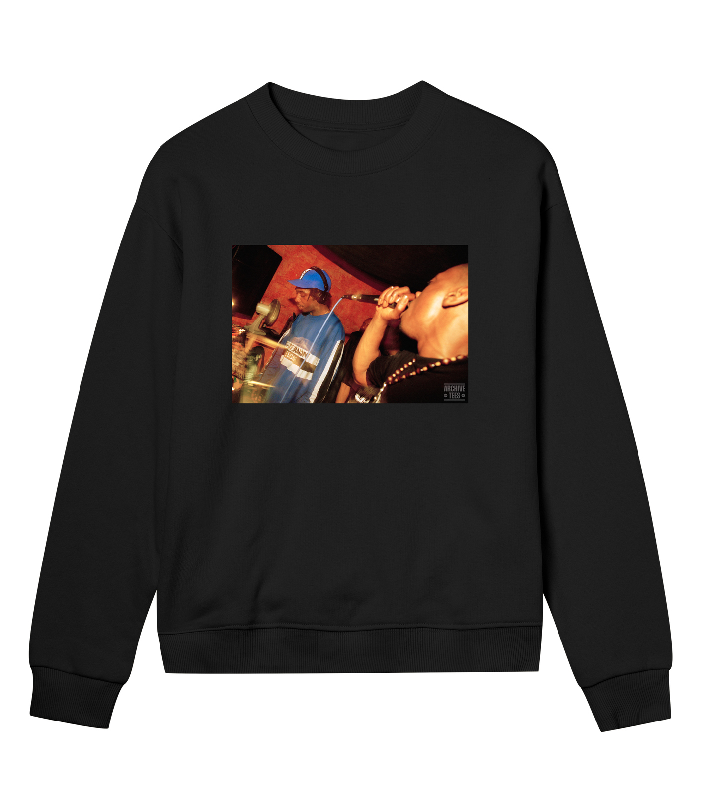 Archive Tees women's sweatshirt in black with vintage photograph of DJ and MC at Movement Drum and Bass club night at Bar Rumba London in 1997. Vintage clubbing sweatshirt by Archive Tees. Sold by Archive Tees shop.