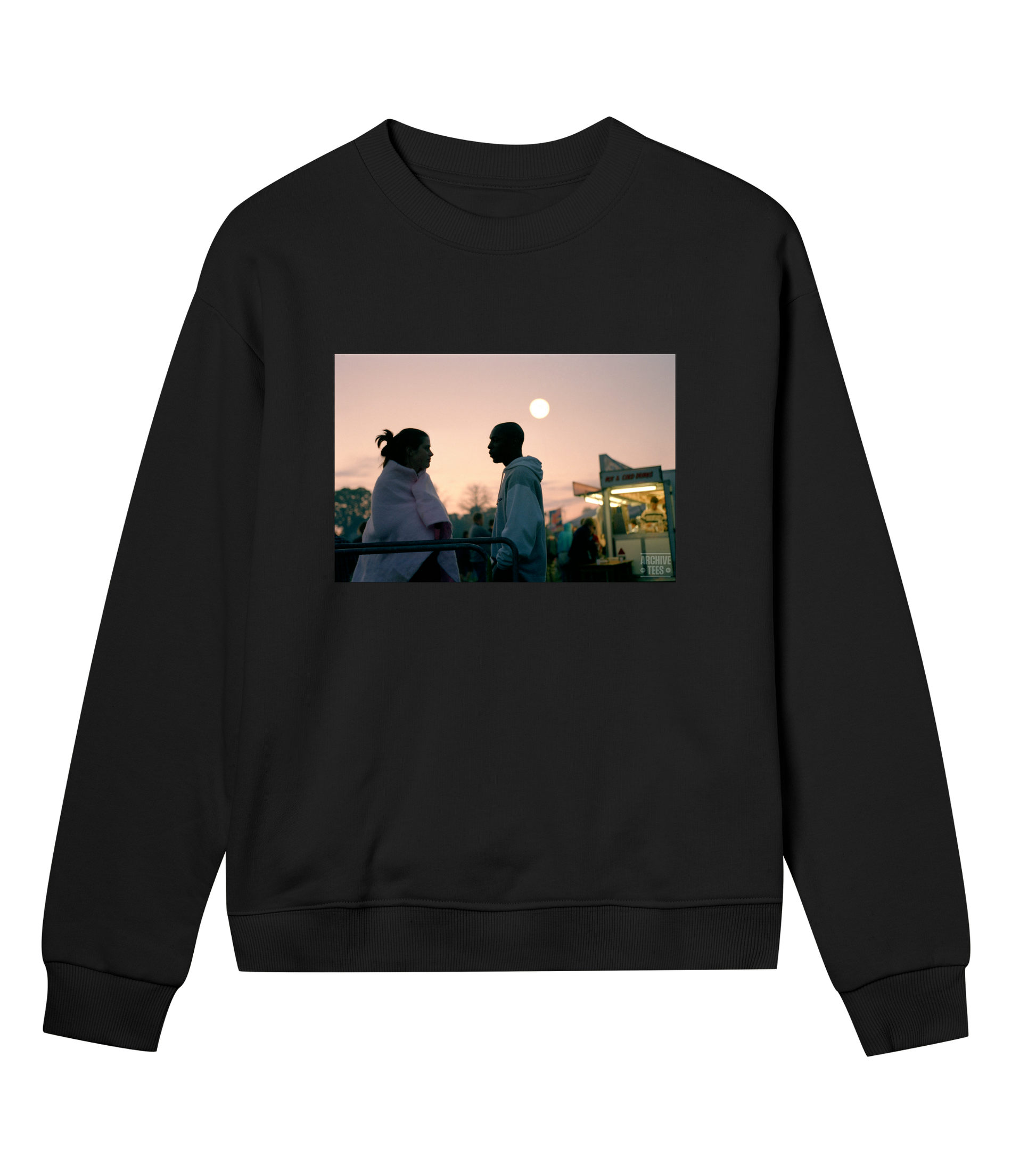 Archive Tees women's sweatshirt in black with a vintage picture of a couple at dawn at the Creamfields dance music festival in 1998. Vintage music festival sweatshirt by Archive Tees.