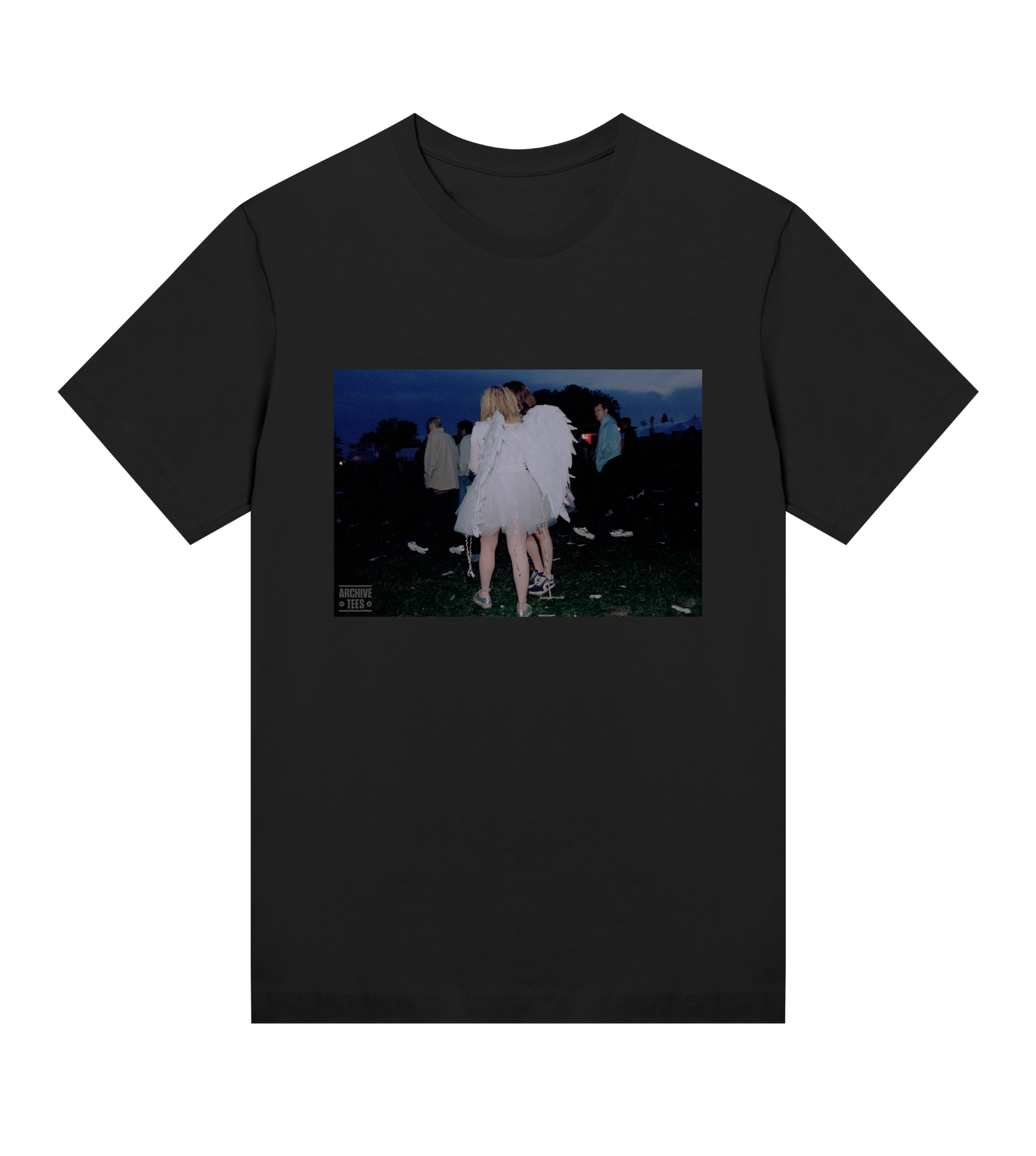 Archive Tees women's t-shirt in black with a vintage picture of a girl wearing angel wings at dawn at the Creamfields dance music festival in 1998. Vintage music festival T-shirt. Vintage music festival T-shirt.