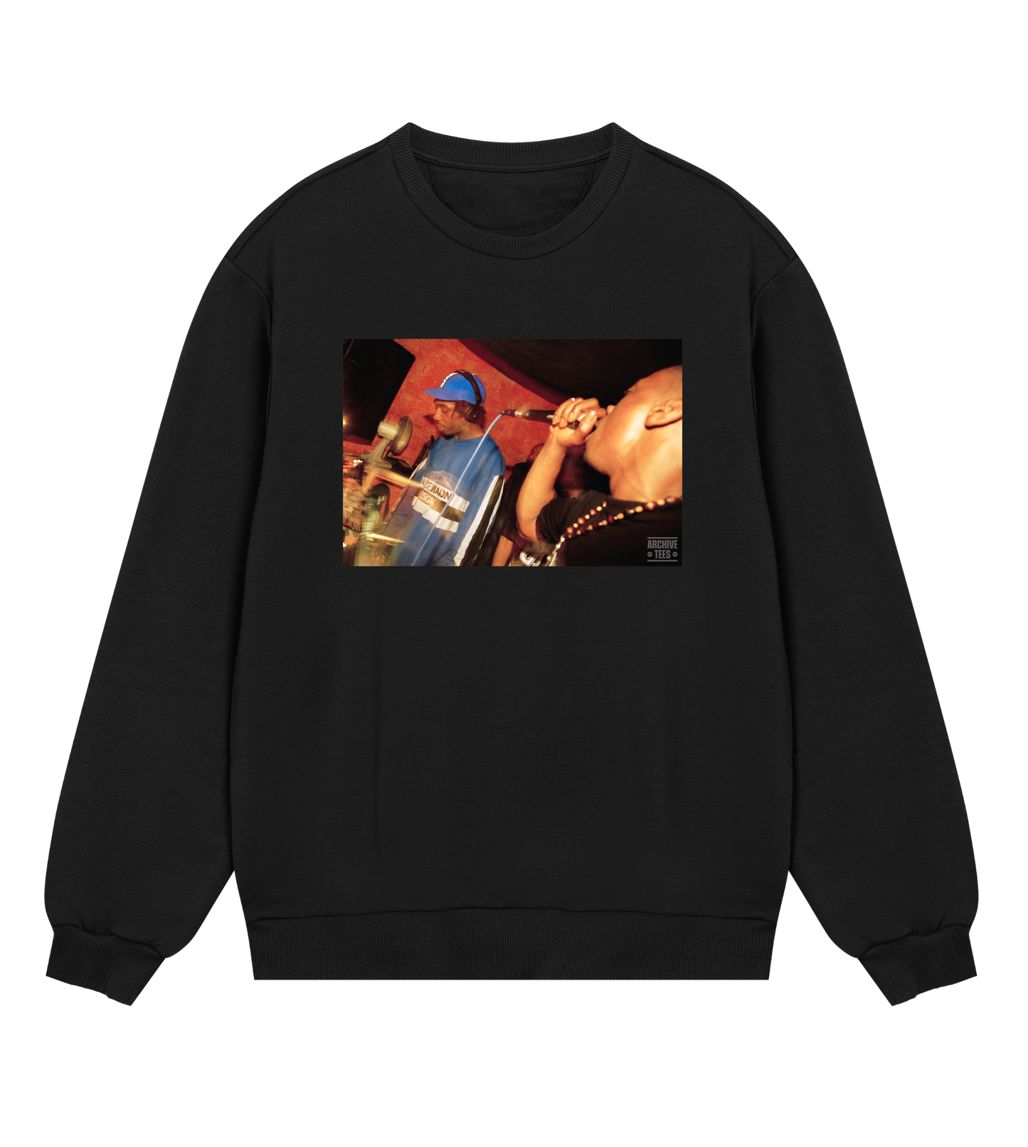 Archive Tees men's sweatshirt in black with vintage photograph of DJ and MC at Movement Drum and Bass club night at Bar Rumba London in 1997. Vintage clubbing sweatshirt by Archive Tees. Sold by Archive Tees shop.