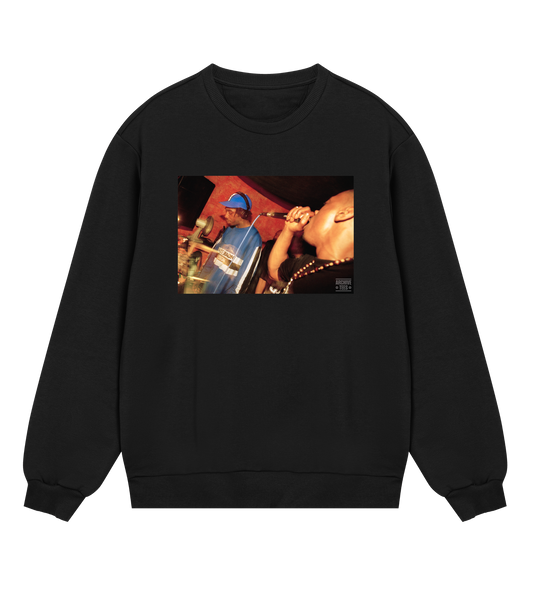 Archive Tees men's sweatshirt in black with vintage photograph of DJ and MC at Movement Drum and Bass club night at Bar Rumba London in 1997. Vintage clubbing sweatshirt by Archive Tees. Sold by Archive Tees shop.