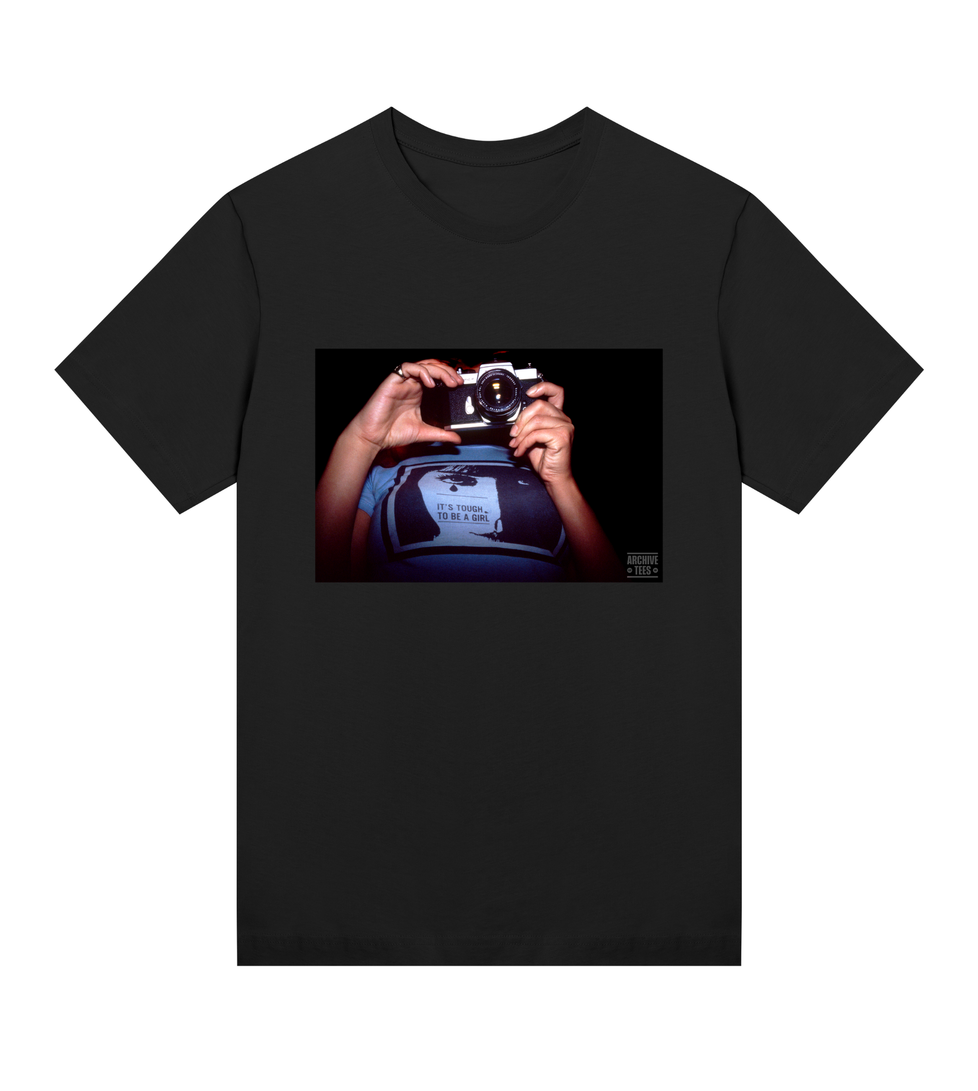 Archive Tees women’s T-shirt in black with vintage photograph of a girl holding a camera with text saying, it’s tough to be a girl. Vintage women's T-shirt by Archive Tees. Sold by Archive Tees shop.