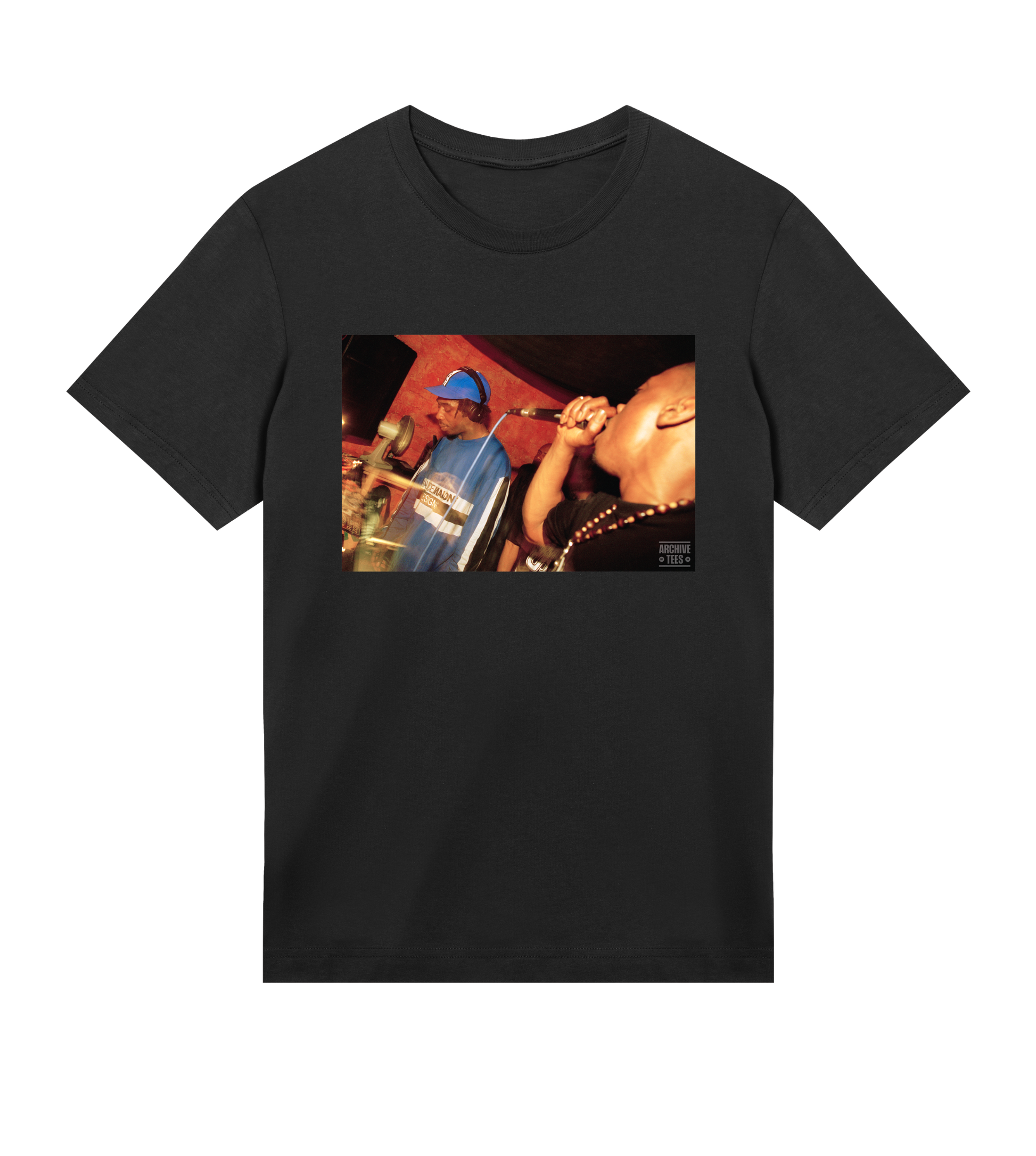 Archive Tees men's T-shirt in black with vintage photograph of DJ and MC at Movement Drum and Bass club night at Bar Rumba London in 1997. Vintage clubbing T-shirt by Archive Tees. Sold by Archive Tees shop.