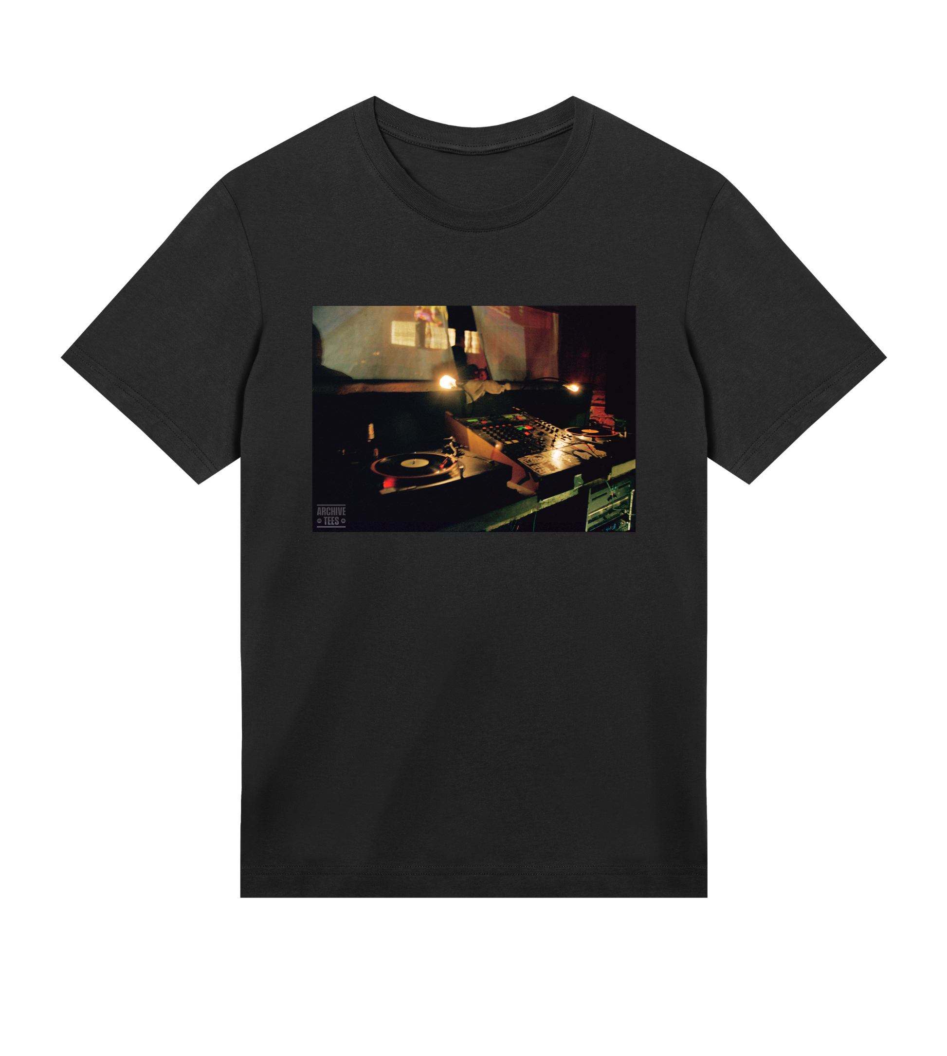 Archive Tees men's T-shirt in black with vintage photograph of DJ booth at Movement Drum and Bass club night at Bar Rumba London in 1998. Vintage clubbing T-shirt by Archive Tees. Sold by Archive Tees shop.