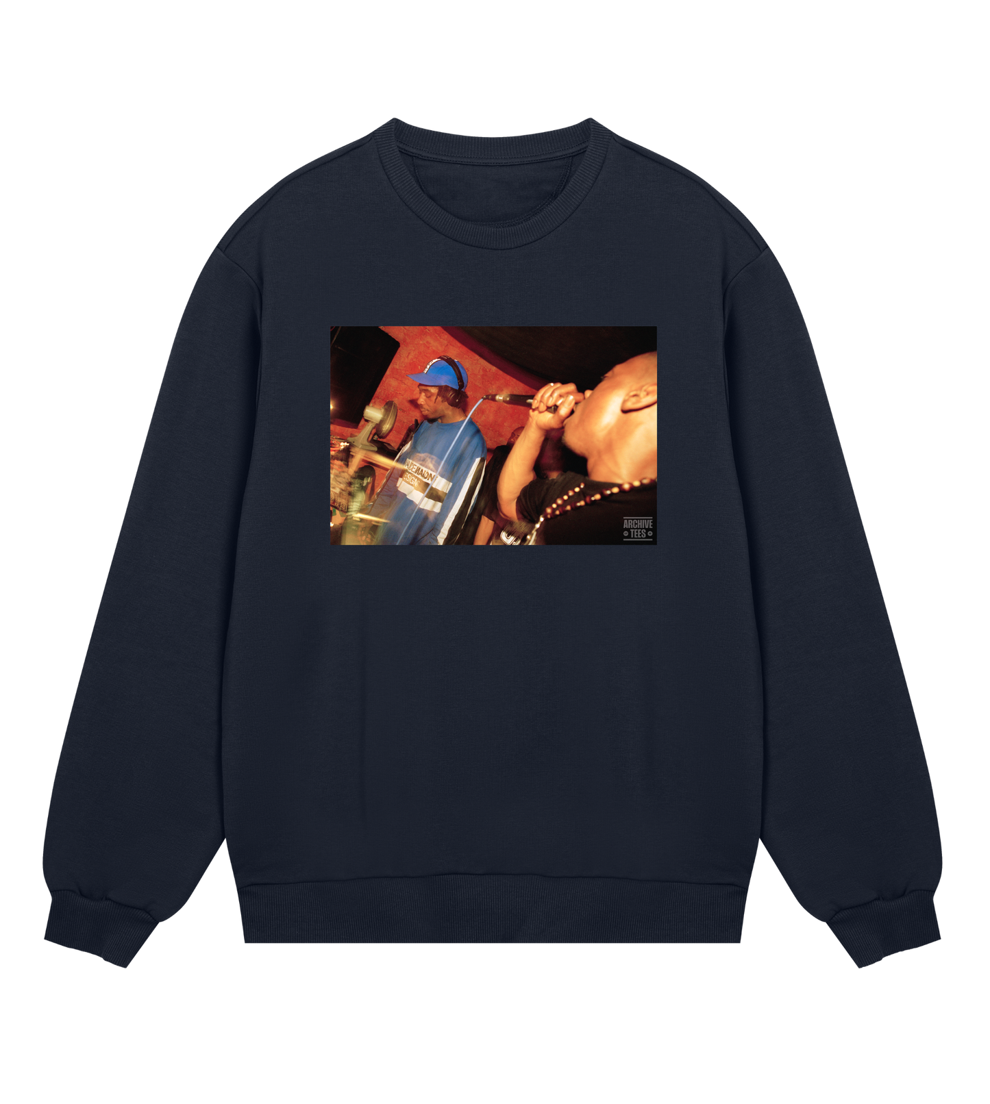 Archive Tees men's sweatshirt in navy with vintage photograph of DJ and MC at Movement Drum and Bass club night at Bar Rumba London in 1997. Vintage clubbing sweatshirt by Archive Tees. Sold by Archive Tees shop.