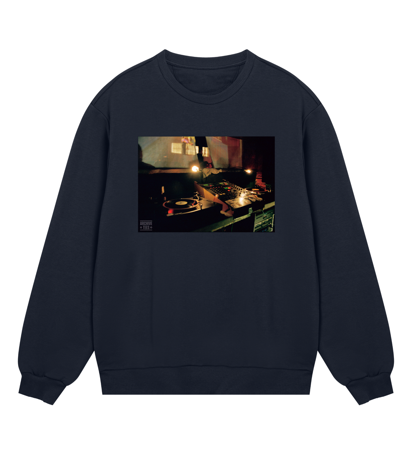 Archive Tees men's sweatshirt in navy with vintage photograph of DJ booth at Movement Drum and Bass club night at Bar Rumba London in 1998. Vintage clubbing sweatshirt by Archive Tees. Sold by Archive Tees shop.