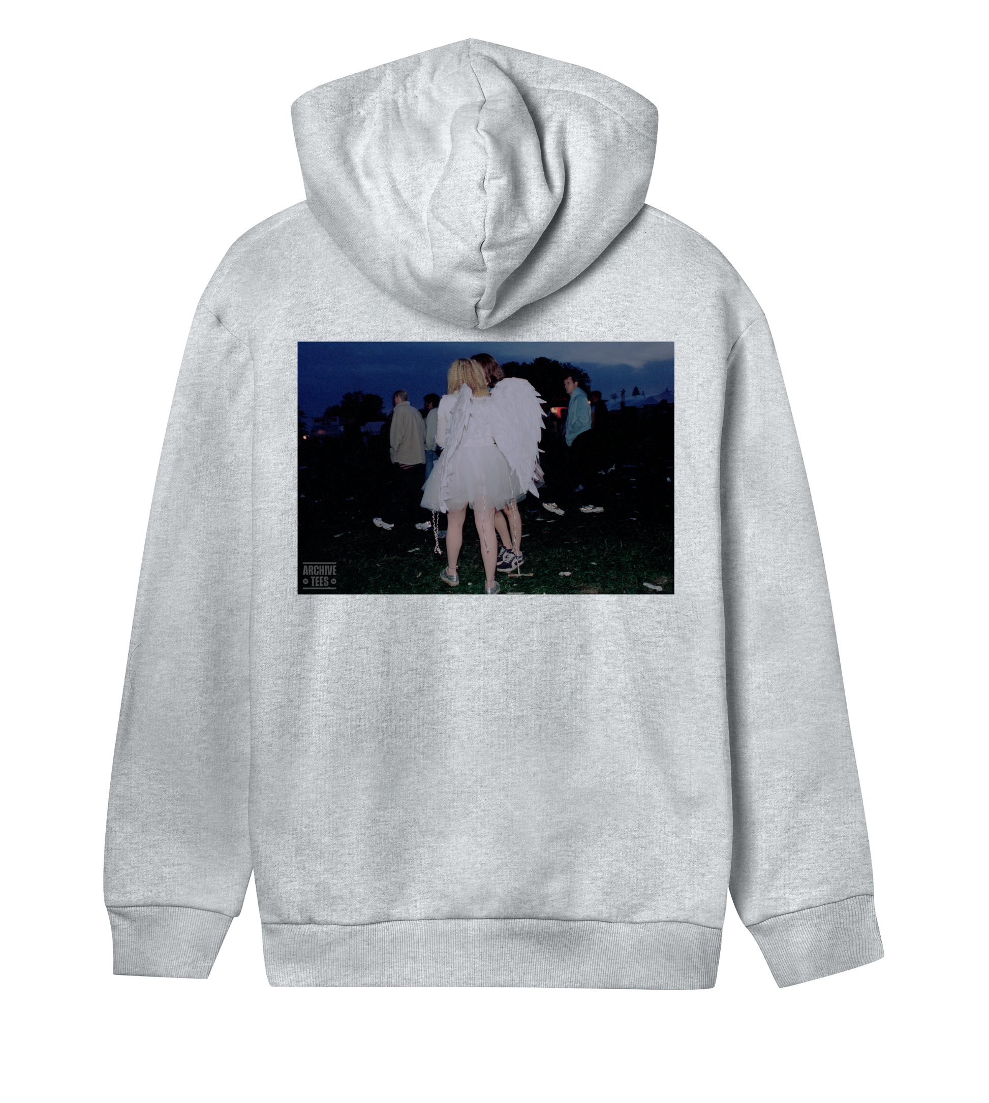 Archive Tees women's hoodie in grey 
with vintage photograph of a girl wearing angel wings at dawn at Creamfields dance music festival 1998 on the back. Vintage festival hoodie by Archive tees. Sold by Archive Tees shop.