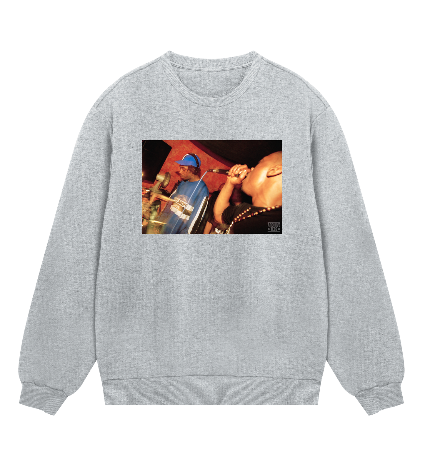 Archive Tees men's sweatshirt in grey  with vintage photograph of DJ and MC at Movement Drum and Bass club night at Bar Rumba London in 1997. Vintage clubbing sweatshirt by Archive Tees. Sold by Archive Tees shop.