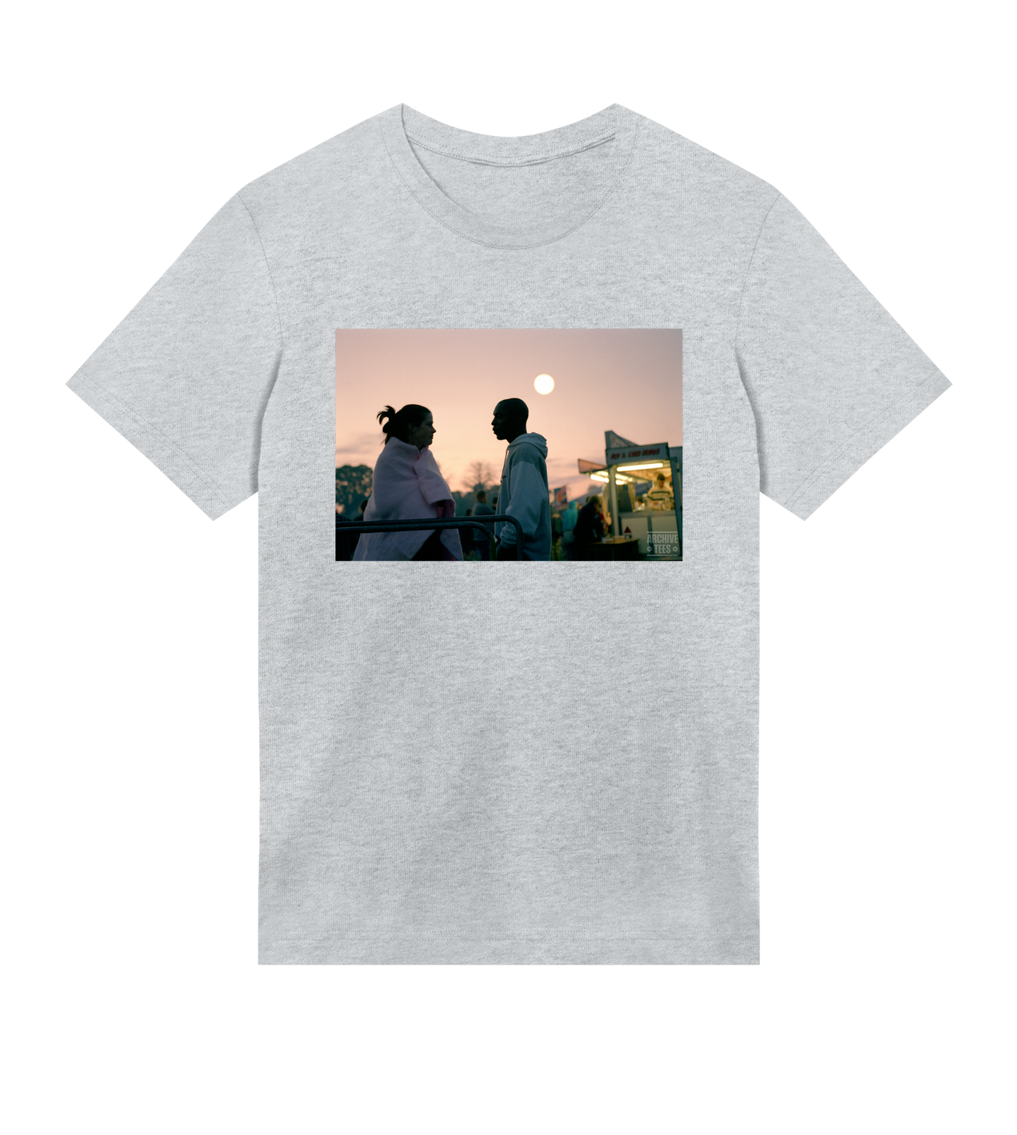 Archive Tees men's T-shirt in grey with a vintage picture of a couple at dawn at the Creamfields dance music festival in 1998. Vintage music festival T-shirt. Sold by Archive Tees shop.