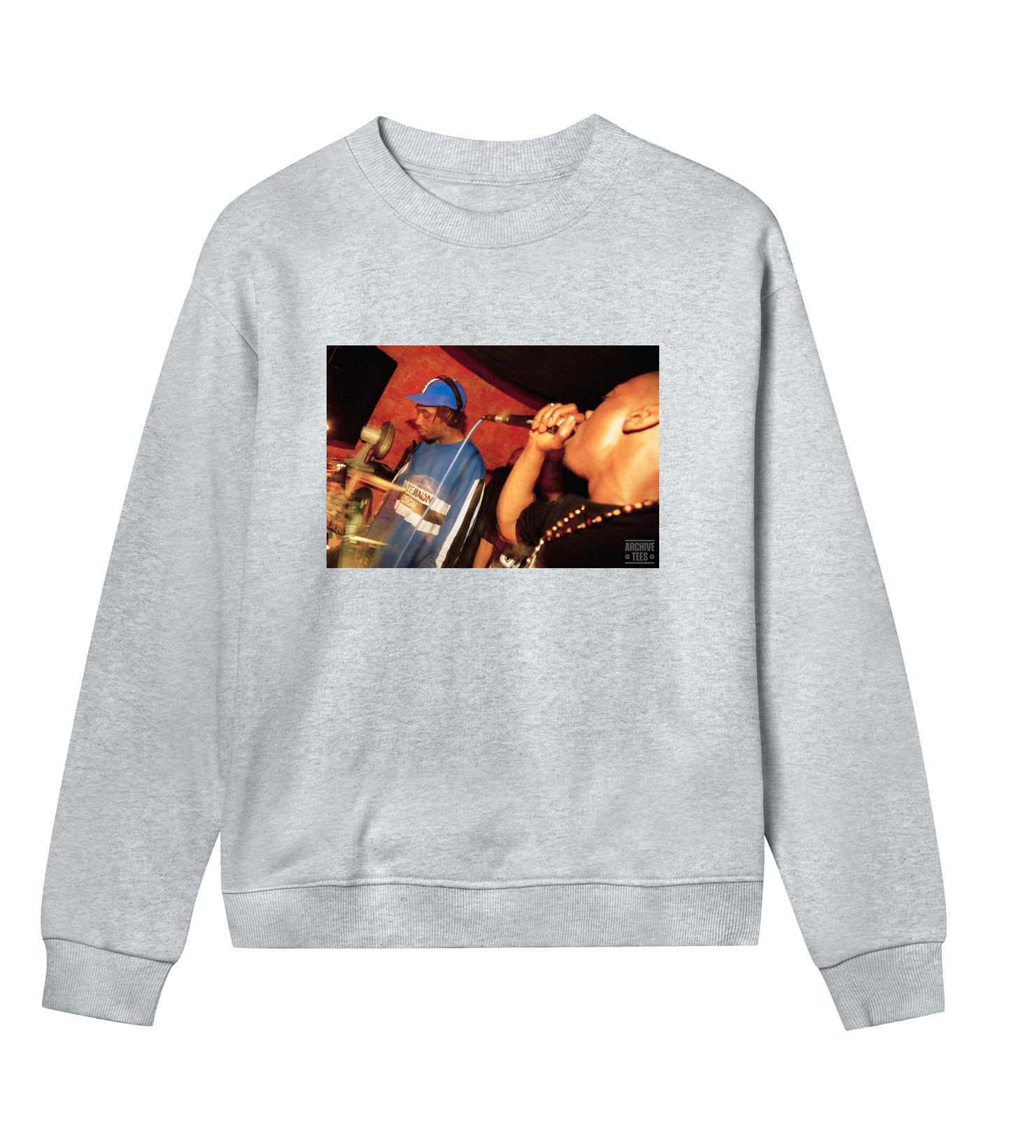 Archive Tees women's sweatshirt in grey with vintage photograph of DJ and MC at Movement Drum and Bass club night at Bar Rumba London in 1997. Vintage clubbing sweatshirt by Archive Tees. Sold by Archive Tees shop.