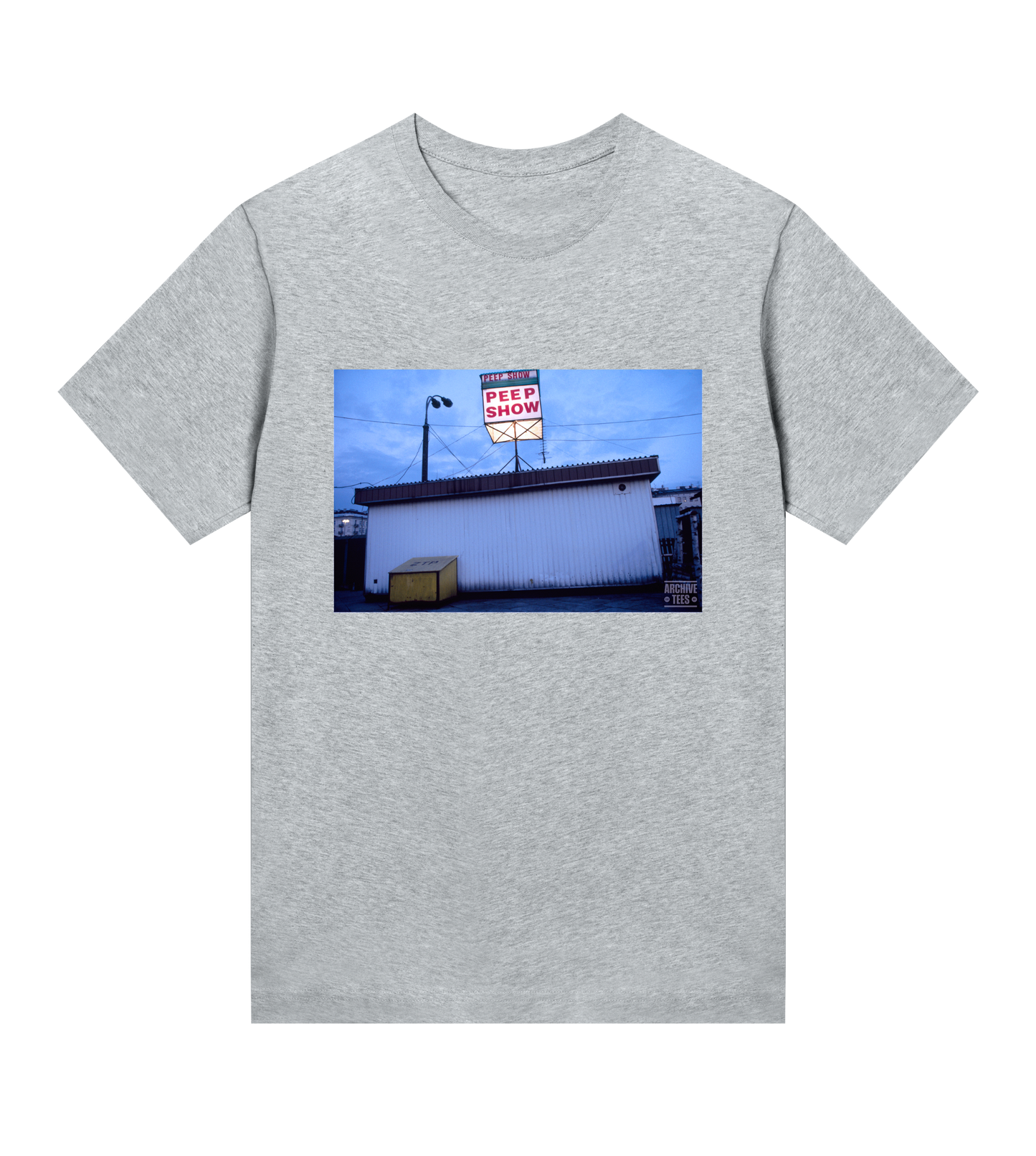 Archive Tees women's T-shirt in grey with vintage photograph of Peep Show shed in Warsaw, Poland in 1998. Vintage clubbing T-shirt by Archive Tees. Sold by Archive Tees shop.