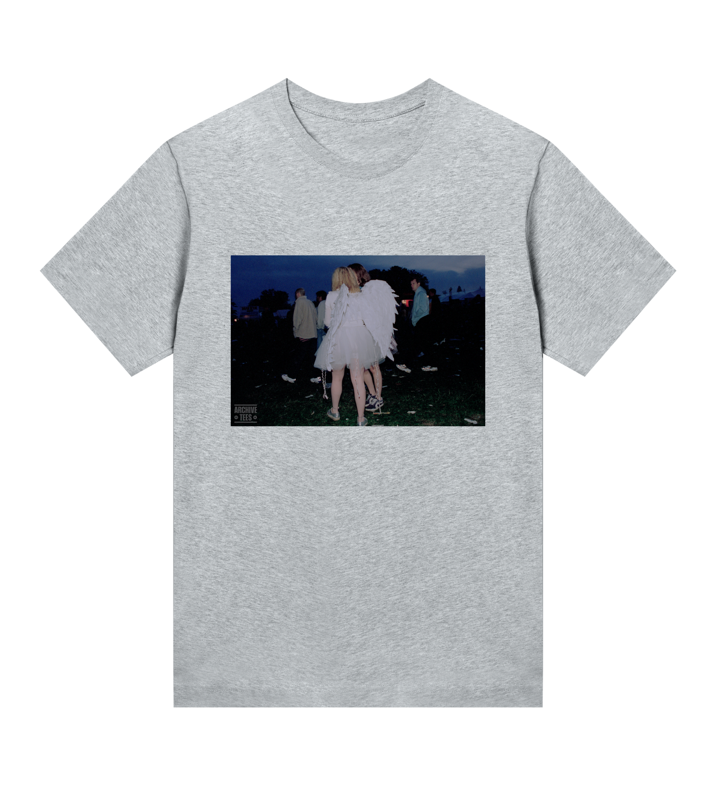 Archive Tees women's t-shirt in grey with a vintage picture of a girl wearing angel wings at dawn at the Creamfields dance music festival in 1998. Vintage music festival T-shirt. Vintage music festival T-shirt.