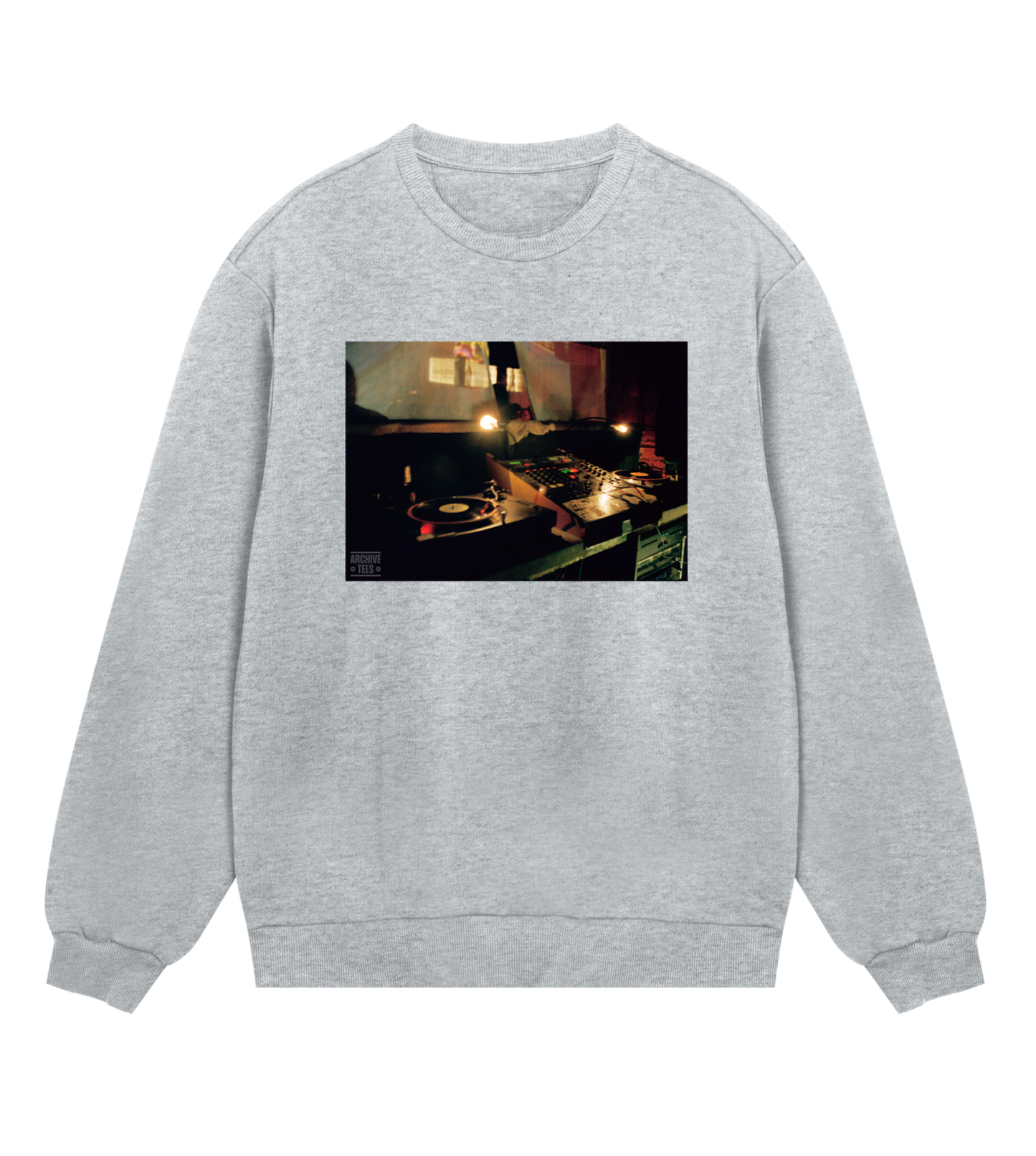 Archive Tees men's sweatshirt in grey with vintage photograph of DJ booth at Movement Drum and Bass club night at Bar Rumba London in 1998. Vintage clubbing sweatshirt by Archive Tees. Sold by Archive Tees shop.