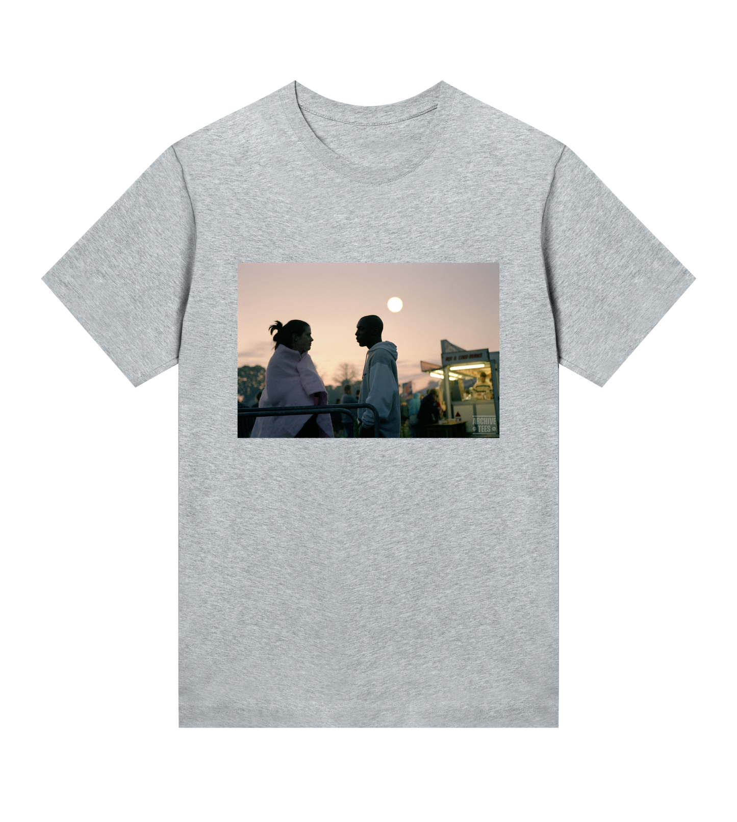 Archive Tees women's T-shirt in grey with a vintage picture of a couple at dawn at the Creamfields dance music festival in 1998. Vintage music festival T-shirt. Sold by Archive Tees shop.