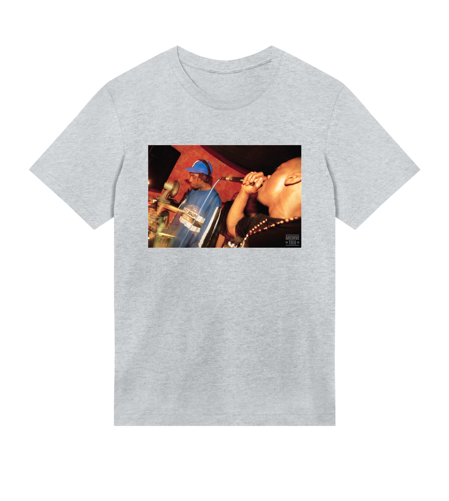 Archive Tees men's T-shirt in grey with vintage photograph of DJ and MC at Movement Drum and Bass club night at Bar Rumba London in 1997. Vintage clubbing T-shirt by Archive Tees. Sold by Archive Tees shop.