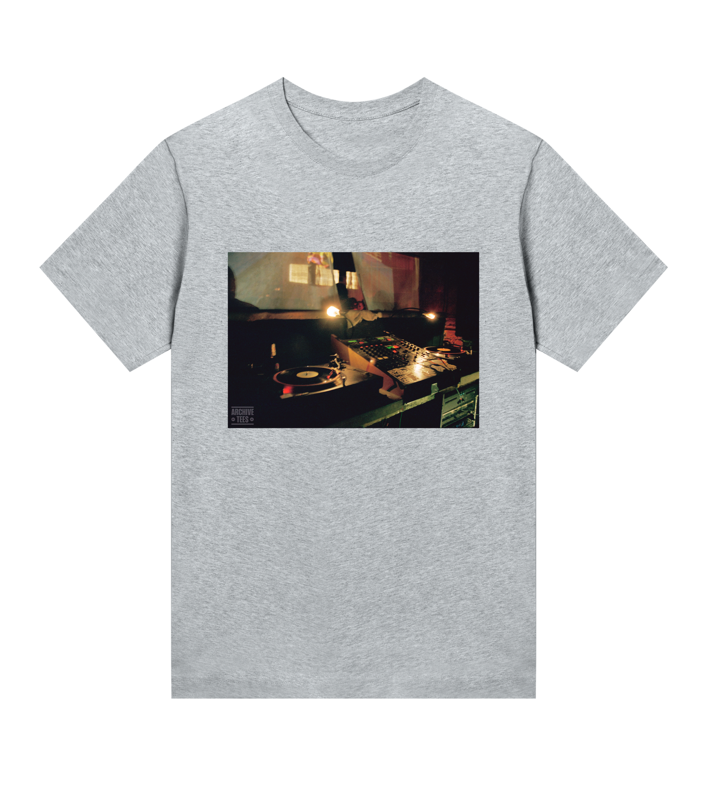 Archive Tees women's T-shirt in grey with vintage photograph of DJ booth at Movement Drum and Bass club night at Bar Rumba London in 1998. Vintage clubbing T-shirt by Archive Tees. Sold by Archive Tees shop.