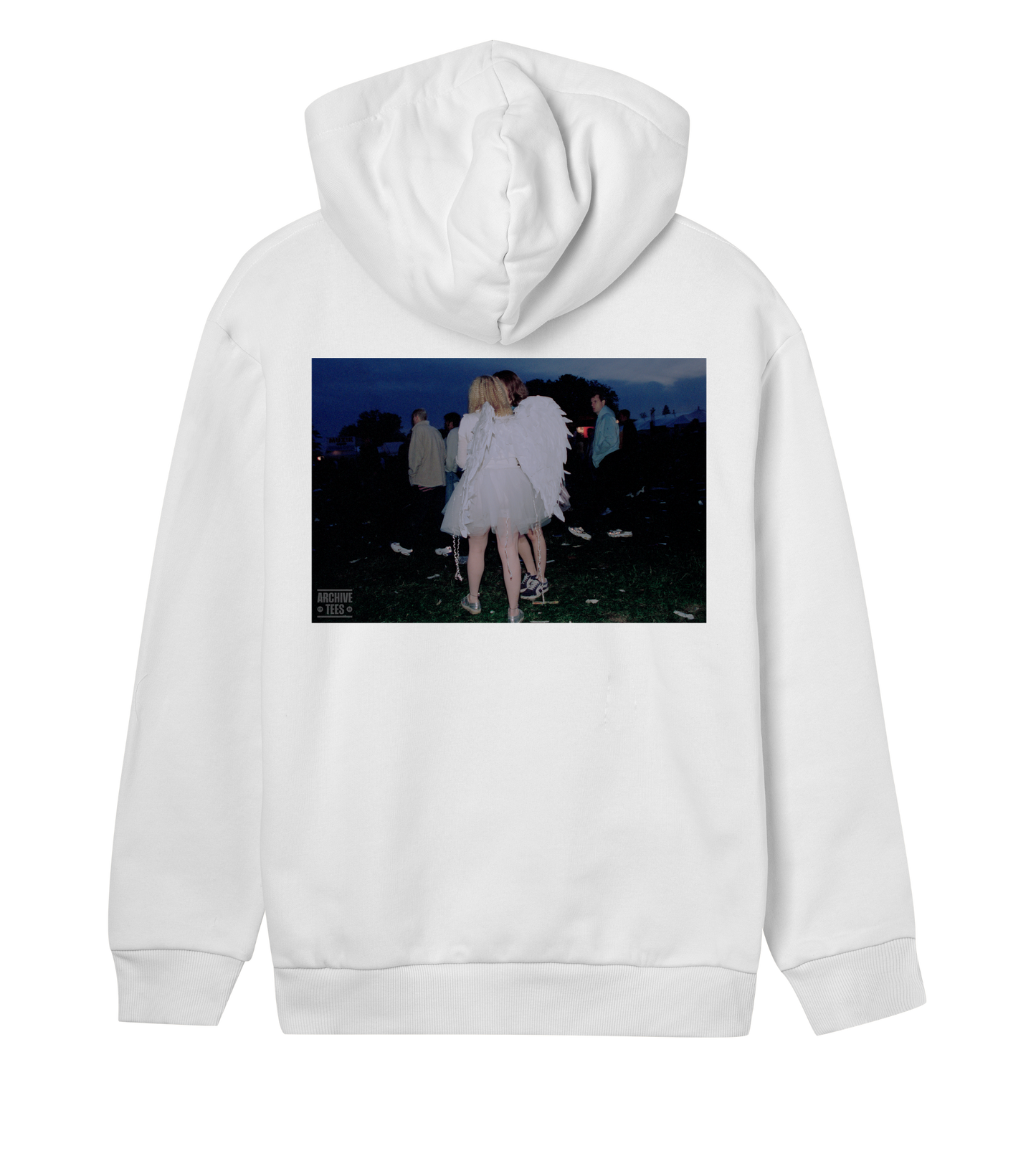 Archive Tees women's hoodie in white with vintage photograph of a girl wearing angel wings at dawn at Creamfields dance music festival 1998 on the back. Vintage festival hoodie by Archive tees. Sold by Archive Tees shop.