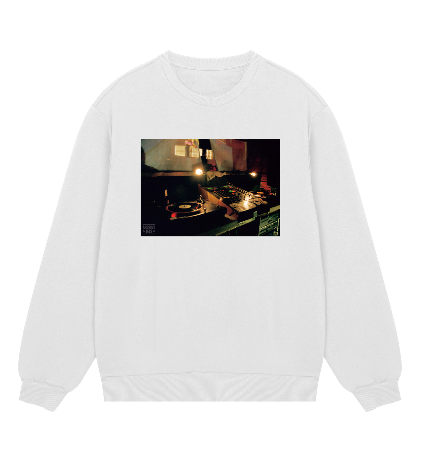 Archive Tees men's sweatshirt in white with vintage photograph of DJ booth at Movement Drum and Bass club night at Bar Rumba London in 1998. Vintage clubbing sweatshirt by Archive Tees. Sold by Archive Tees shop.