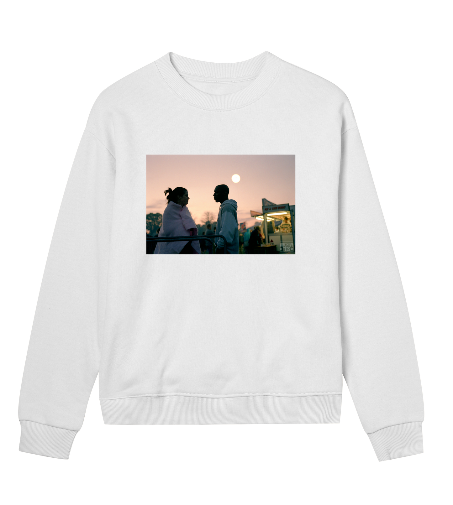 Archive Tees women's sweatshirt in white with a vintage picture of a couple at dawn at the Creamfields dance music festival in 1998. Vintage music festival sweatshirt by Archive Tees.