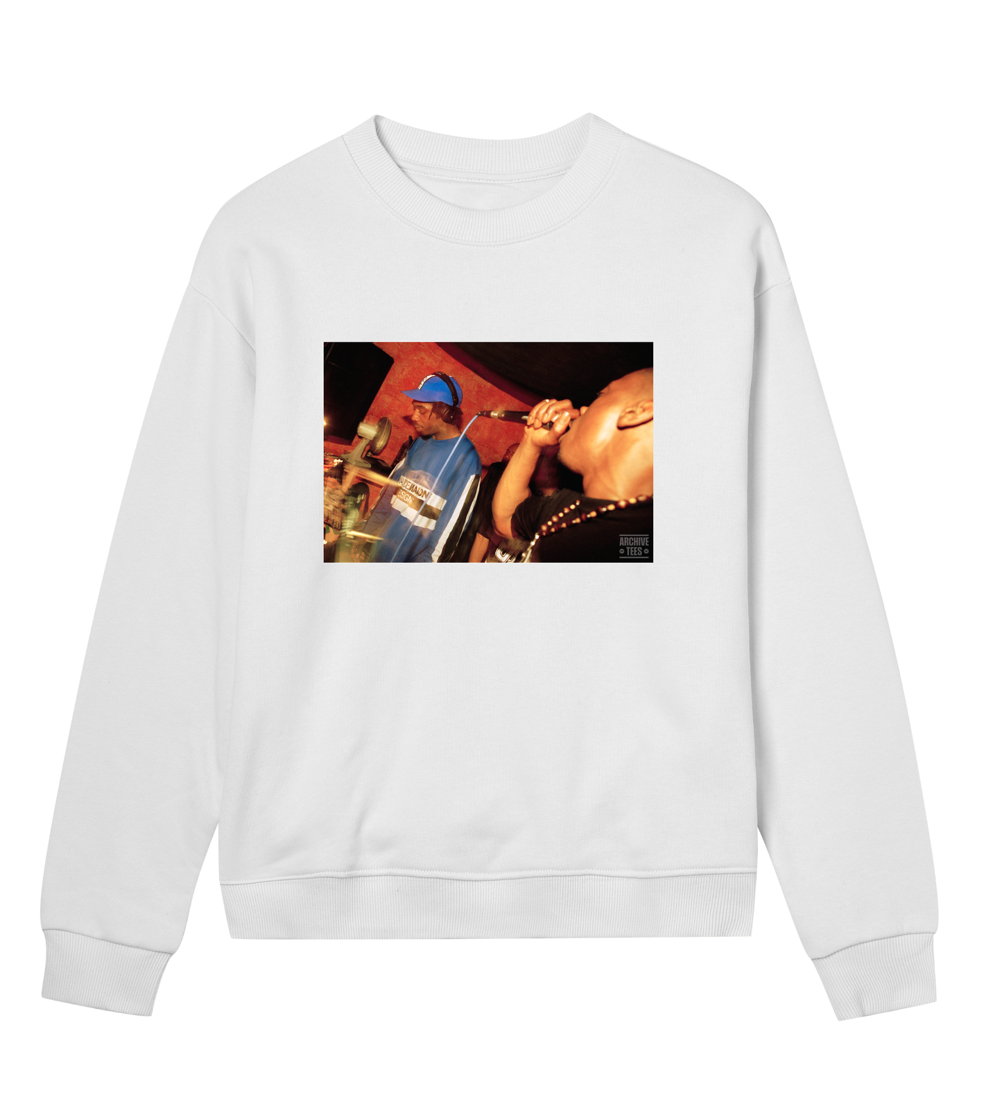 Archive Tees women's sweatshirt in white with vintage photograph of DJ and MC at Movement Drum and Bass club night at Bar Rumba London in 1997. Vintage clubbing sweatshirt by Archive Tees. Sold by Archive Tees shop.