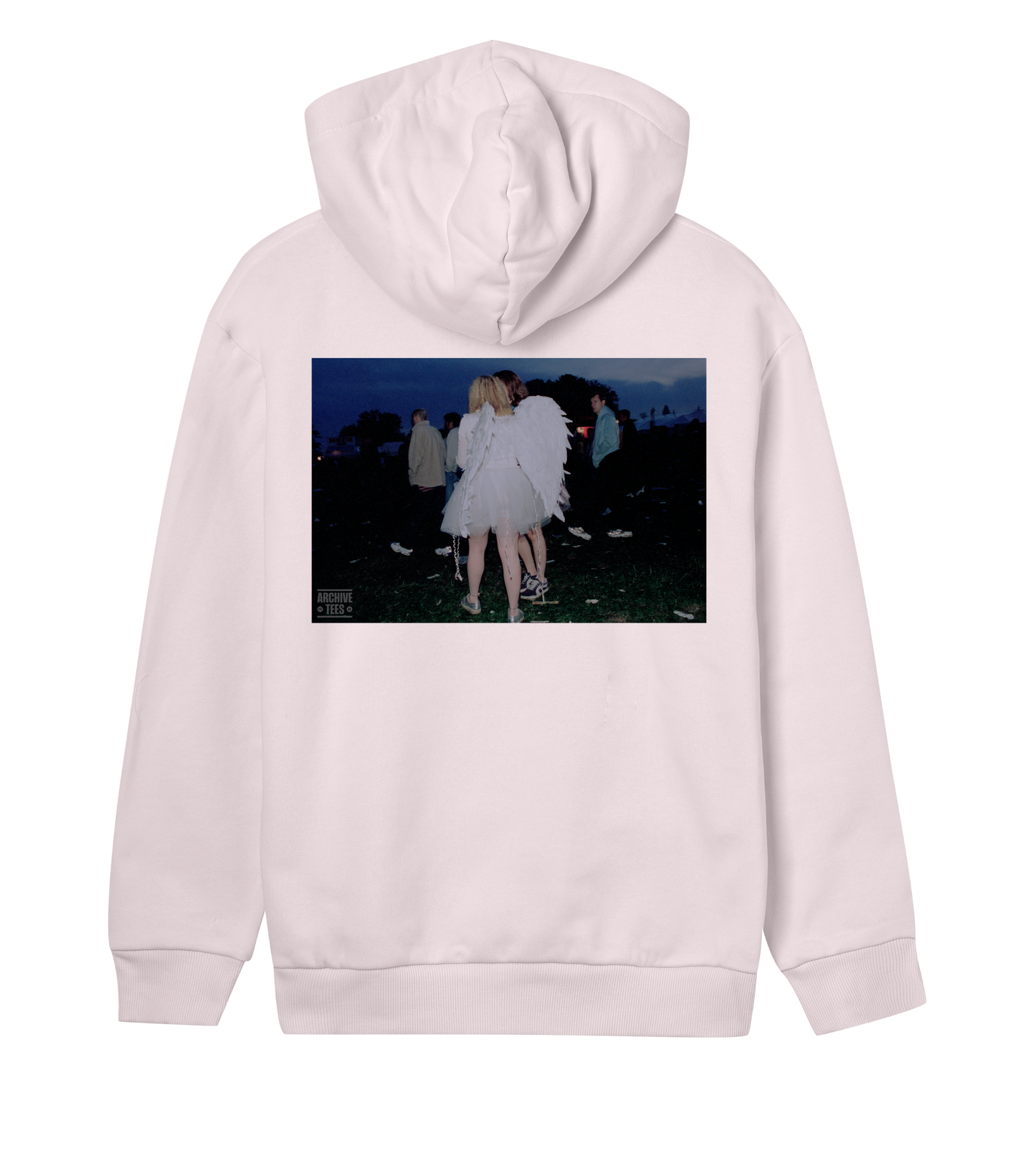 Archive Tees women's hoodie in soft pink with vintage photograph of a girl wearing angel wings at dawn at Creamfields dance music festival 1998 on the back. Vintage festival hoodie by Archive tees. Sold by Archive Tees shop.