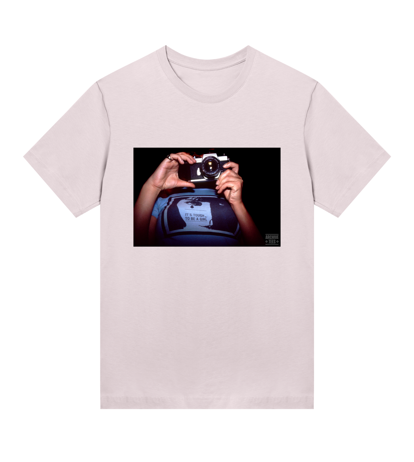 Archive Tees women’s T-shirt in pink with vintage photograph of a girl holding a camera with text saying, it’s tough to be a girl. Vintage women's T-shirt by Archive Tees. Sold by Archive Tees shop.