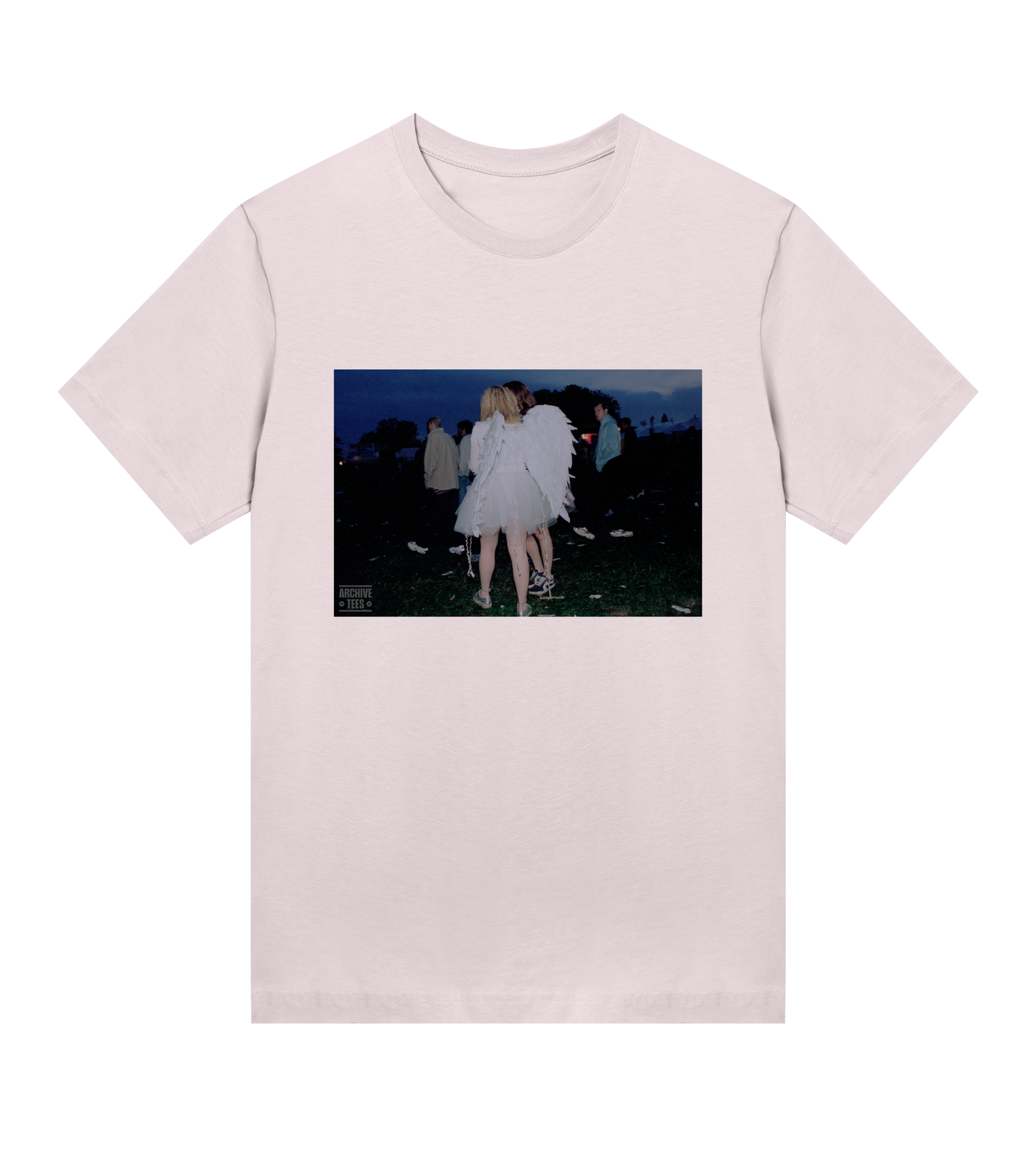 Archive Tees women's t-shirt in soft pink with a vintage picture of a girl wearing angel wings at dawn at the Creamfields dance music festival in 1998. Vintage music festival T-shirt. Vintage music festival T-shirt.