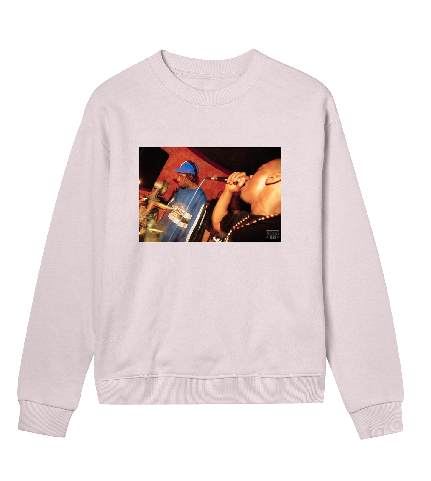 Archive Tees women's sweatshirt in pink with vintage photograph of DJ and MC at Movement Drum and Bass club night at Bar Rumba London in 1997. Vintage clubbing sweatshirt by Archive Tees. Sold by Archive Tees shop.