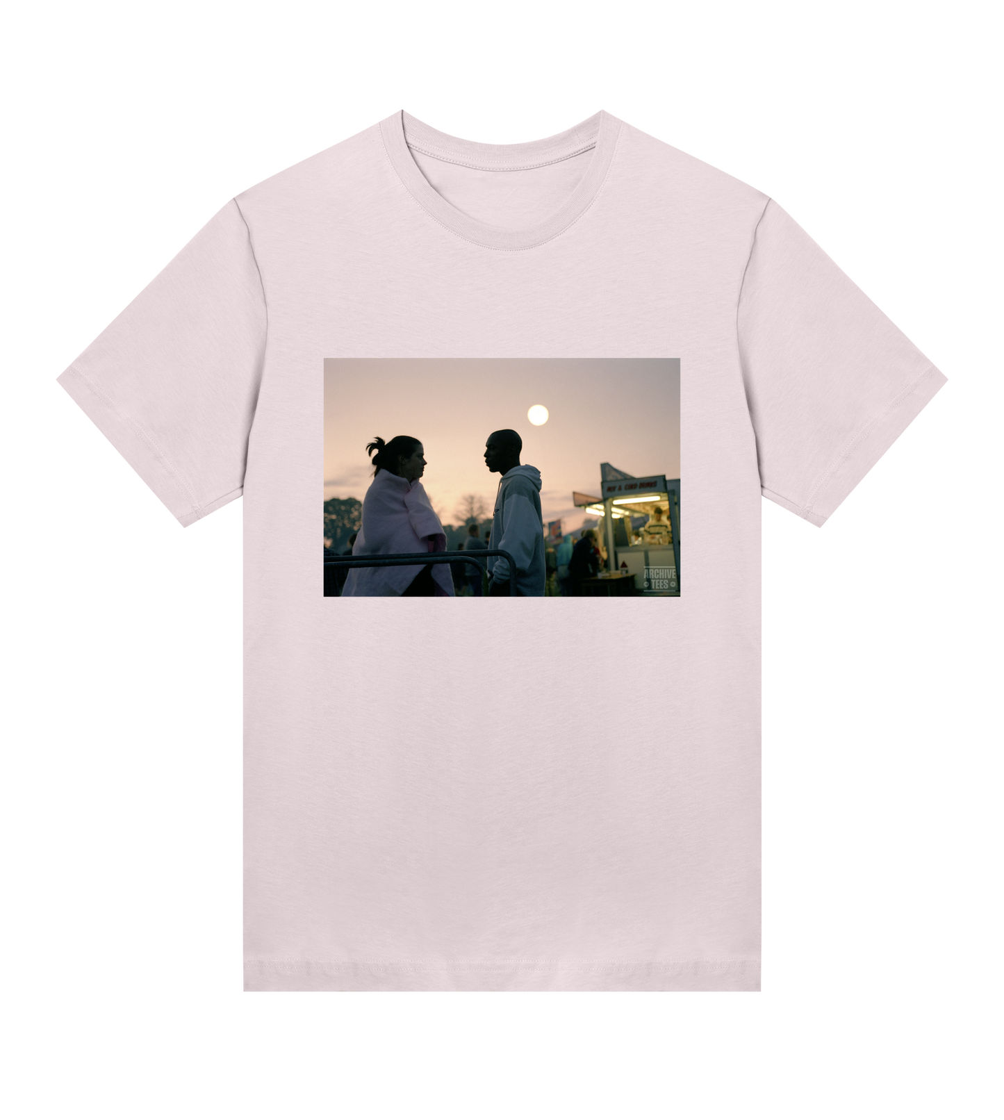 Archive Tees women's T-shirt in pink with a vintage picture of a couple at dawn at the Creamfields dance music festival in 1998. Vintage music festival T-shirt. Sold by Archive Tees shop.