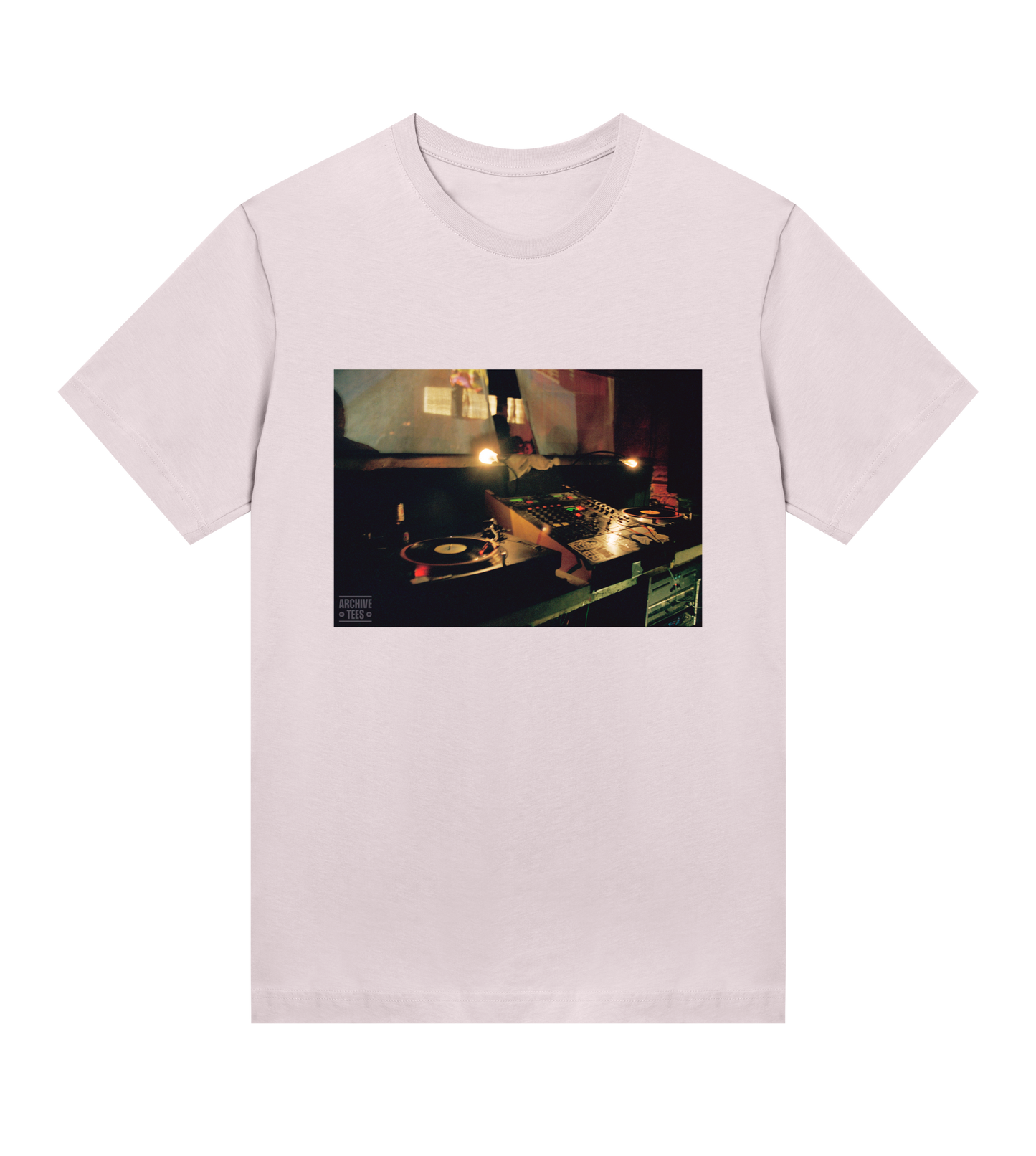 Archive Tees women's T-shirt in pink with vintage photograph of DJ booth at Movement Drum and Bass club night at Bar Rumba London in 1998. Vintage clubbing T-shirt by Archive Tees. Sold by Archive Tees shop.