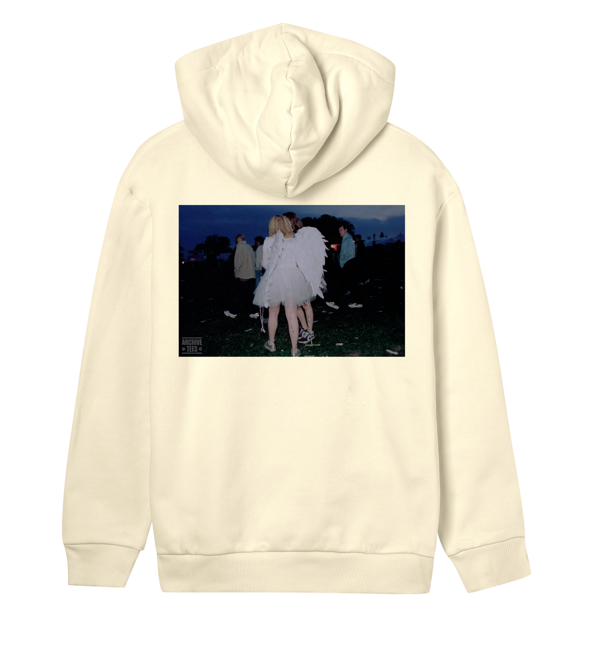 Archive Tees women's hoodie in soft yellow with vintage photograph of a girl wearing angel wings at dawn at Creamfields dance music festival 1998 on the back. Vintage festival hoodie by Archive tees. Sold by Archive Tees shop.