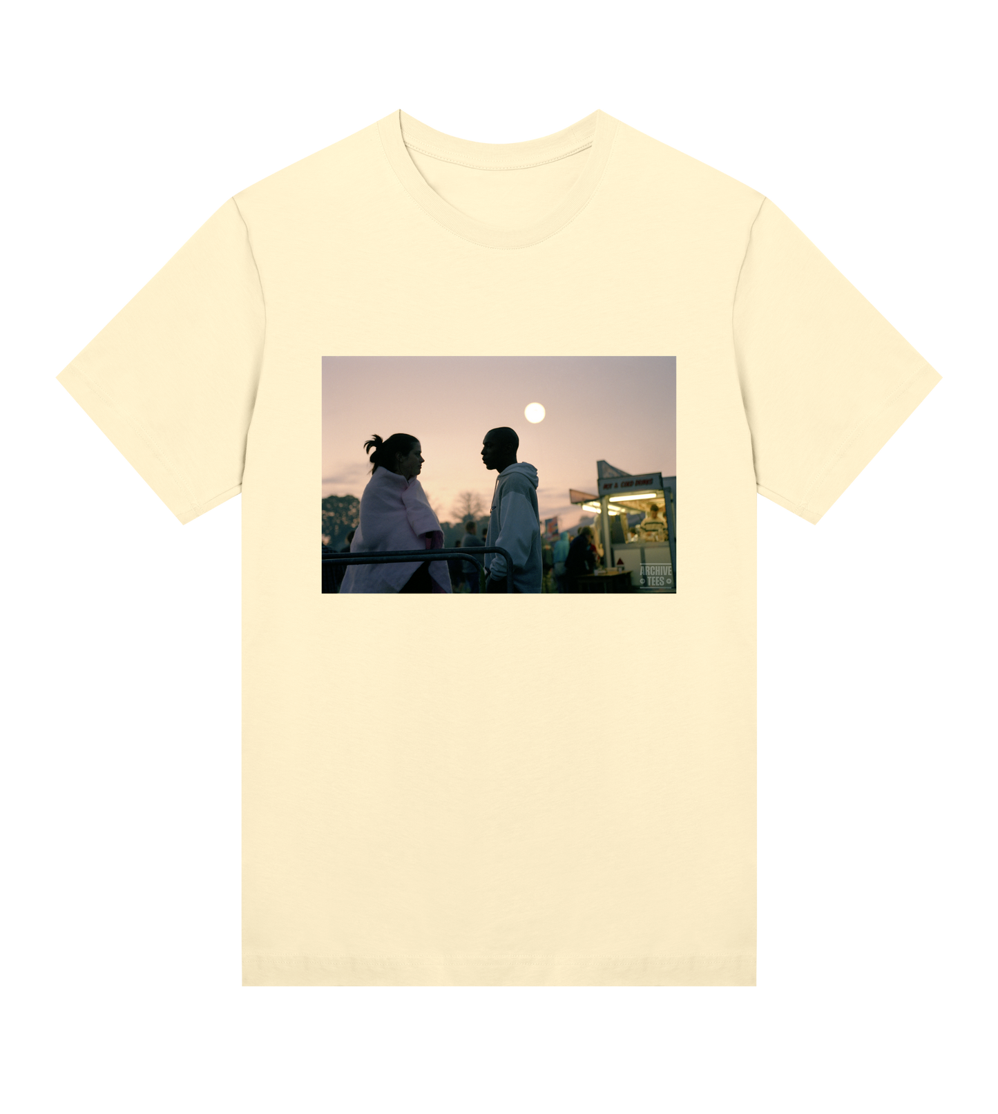 Archive Tees women's T-shirt in yellow with a vintage picture of a couple at dawn at the Creamfields dance music festival in 1998. Vintage music festival T-shirt. Sold by Archive Tees shop.