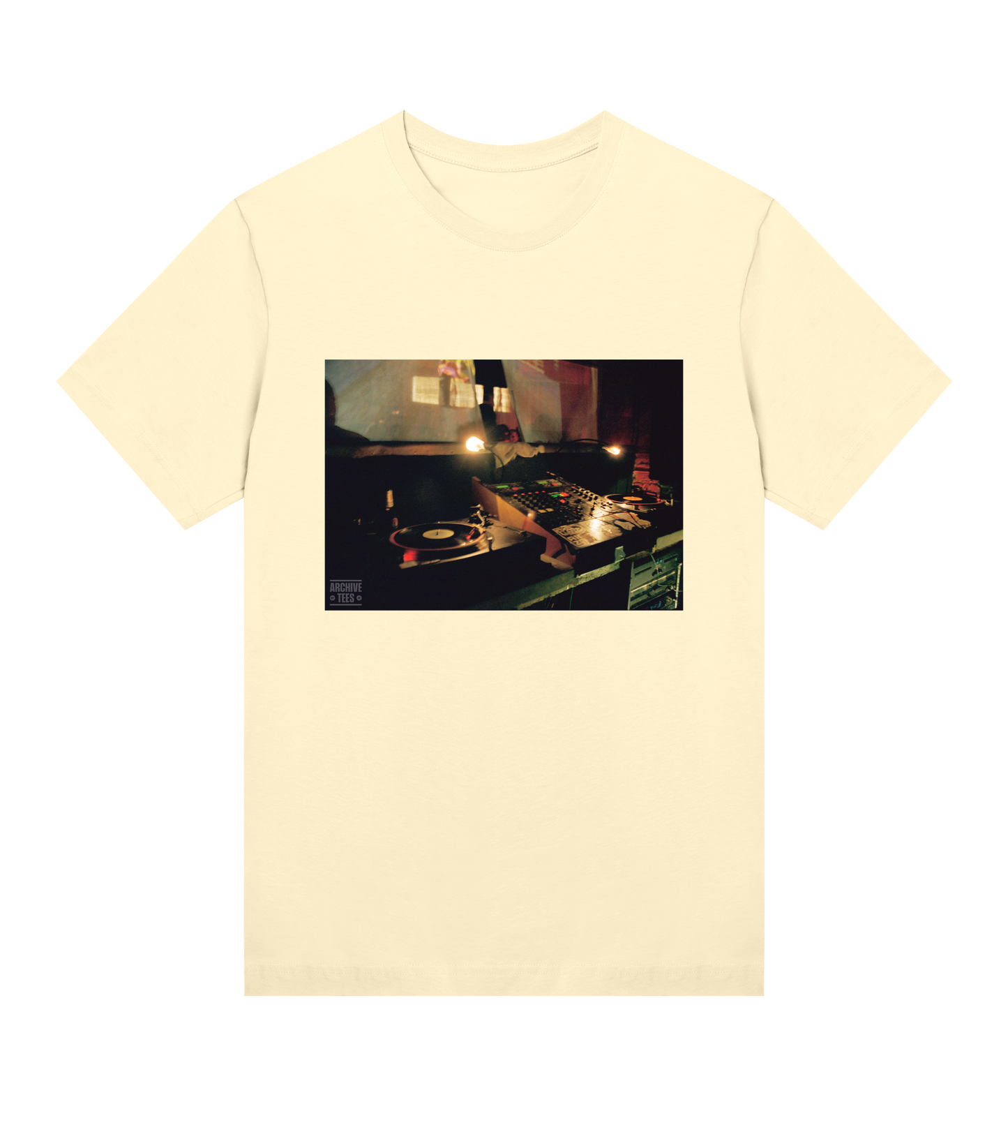 Archive Tees women's T-shirt in yellow with vintage photograph of DJ booth at Movement Drum and Bass club night at Bar Rumba London in 1998. Vintage clubbing T-shirt by Archive Tees. Sold by Archive Tees shop.