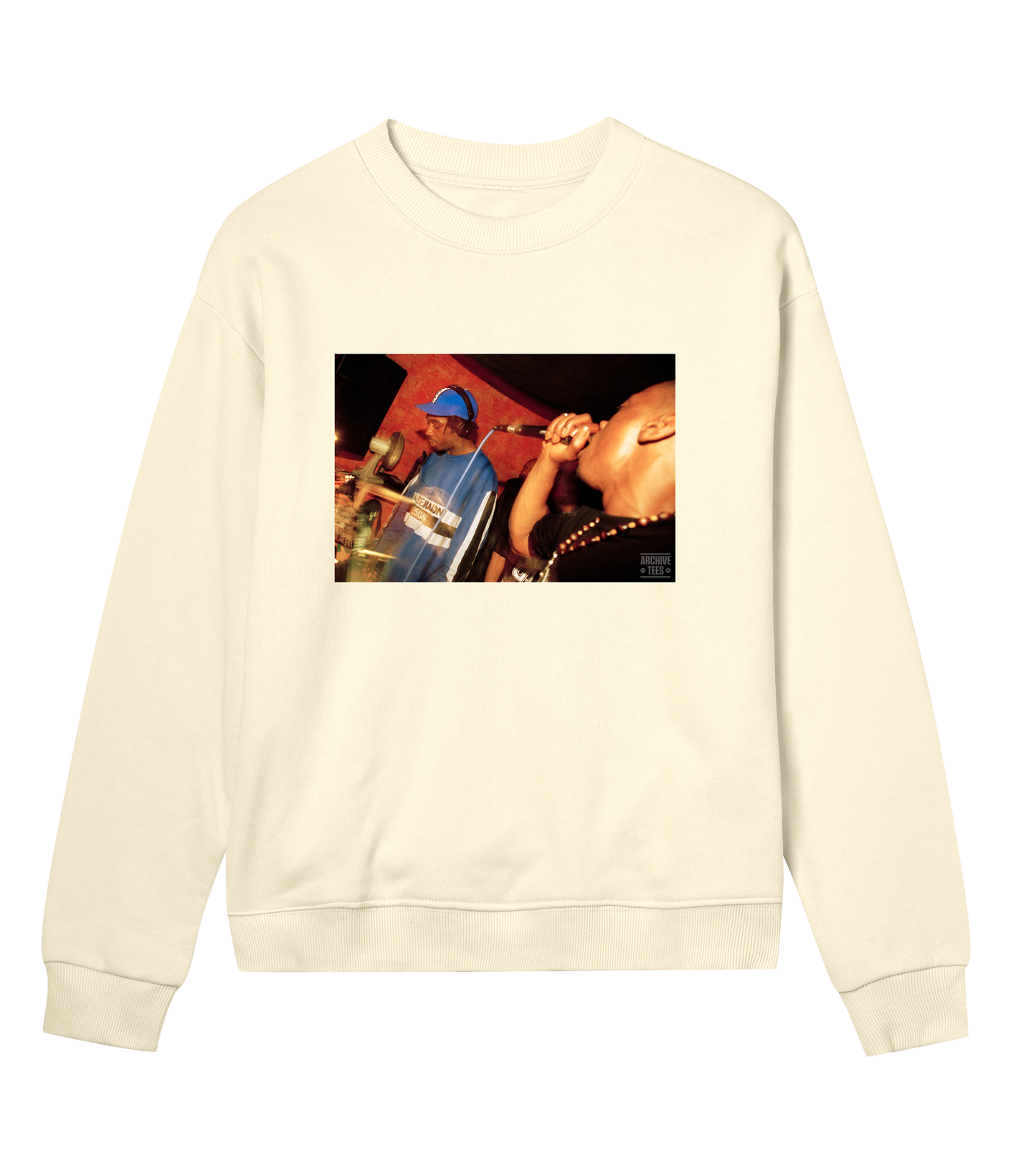 Archive Tees women's sweatshirt in yellow with vintage photograph of DJ and MC at Movement Drum and Bass club night at Bar Rumba London in 1997. Vintage clubbing sweatshirt by Archive Tees. Sold by Archive Tees shop.