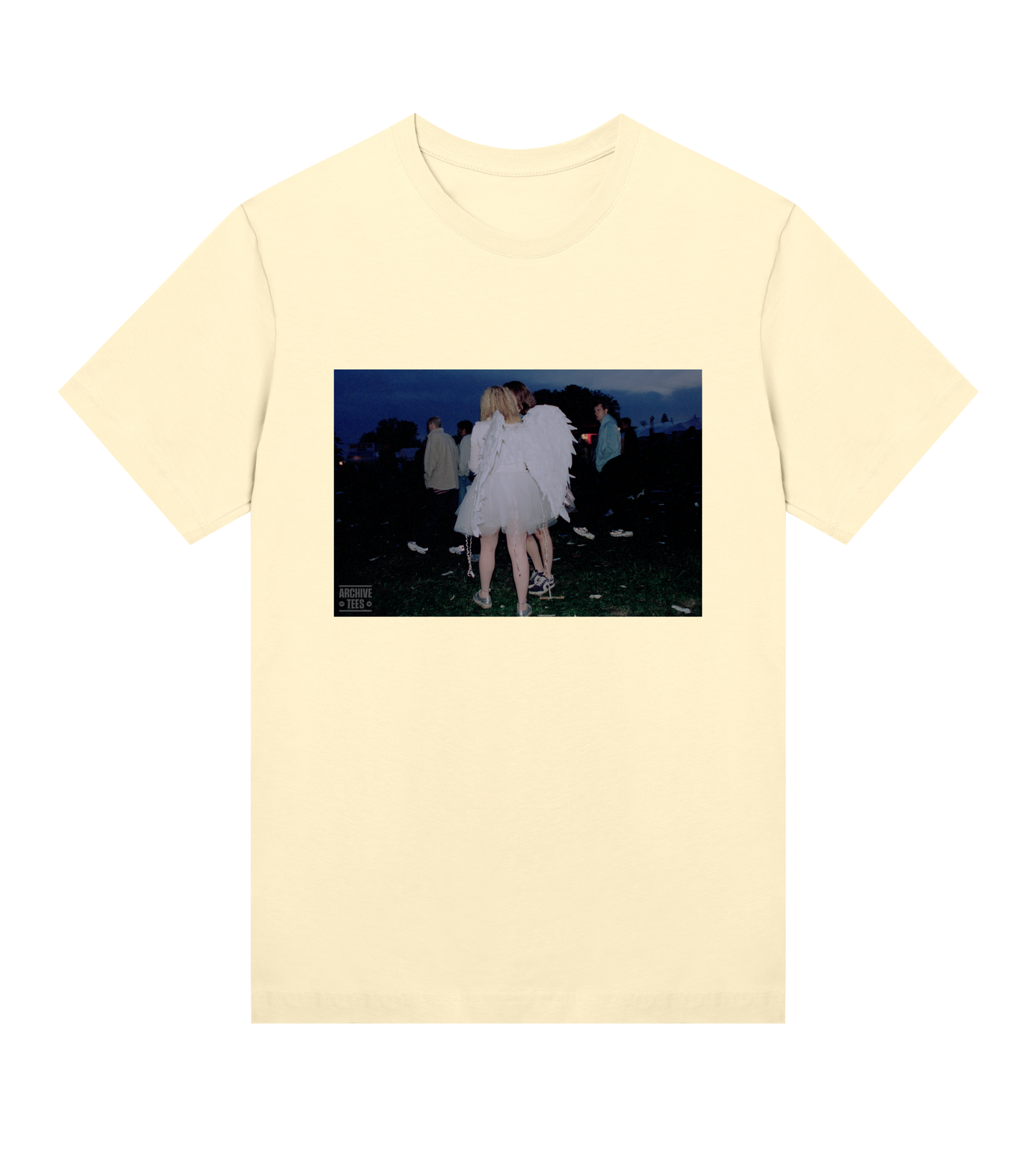 Archive Tees women's t-shirt in yellow with a vintage picture of a girl wearing angel wings at dawn at the Creamfields dance music festival in 1998. Vintage music festival T-shirt. Vintage music festival T-shirt.