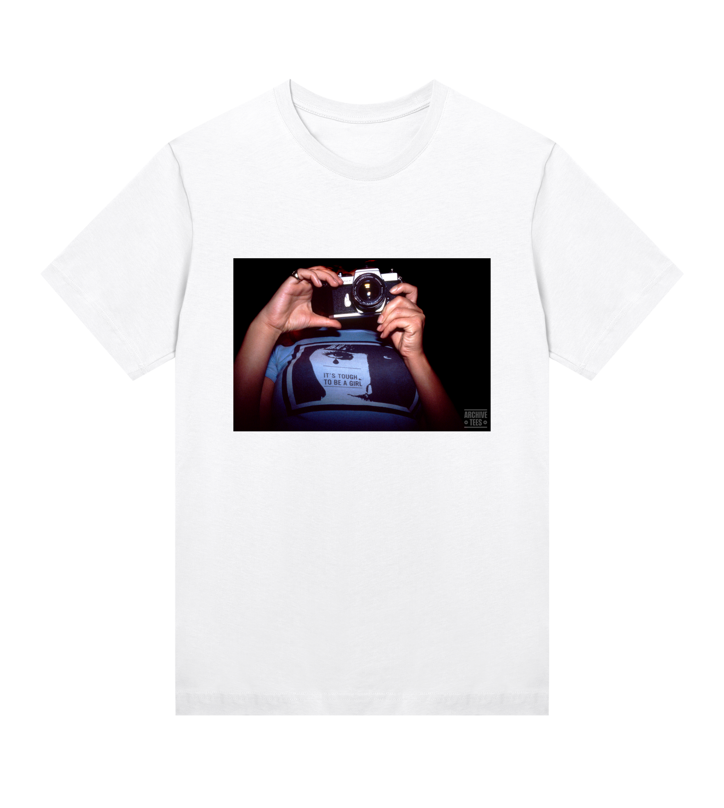 Archive Tees women’s T-shirt in white with vintage photograph of a girl holding a camera with text saying, it’s tough to be a girl. Vintage women's T-shirt by Archive Tees. Sold by Archive Tees shop.