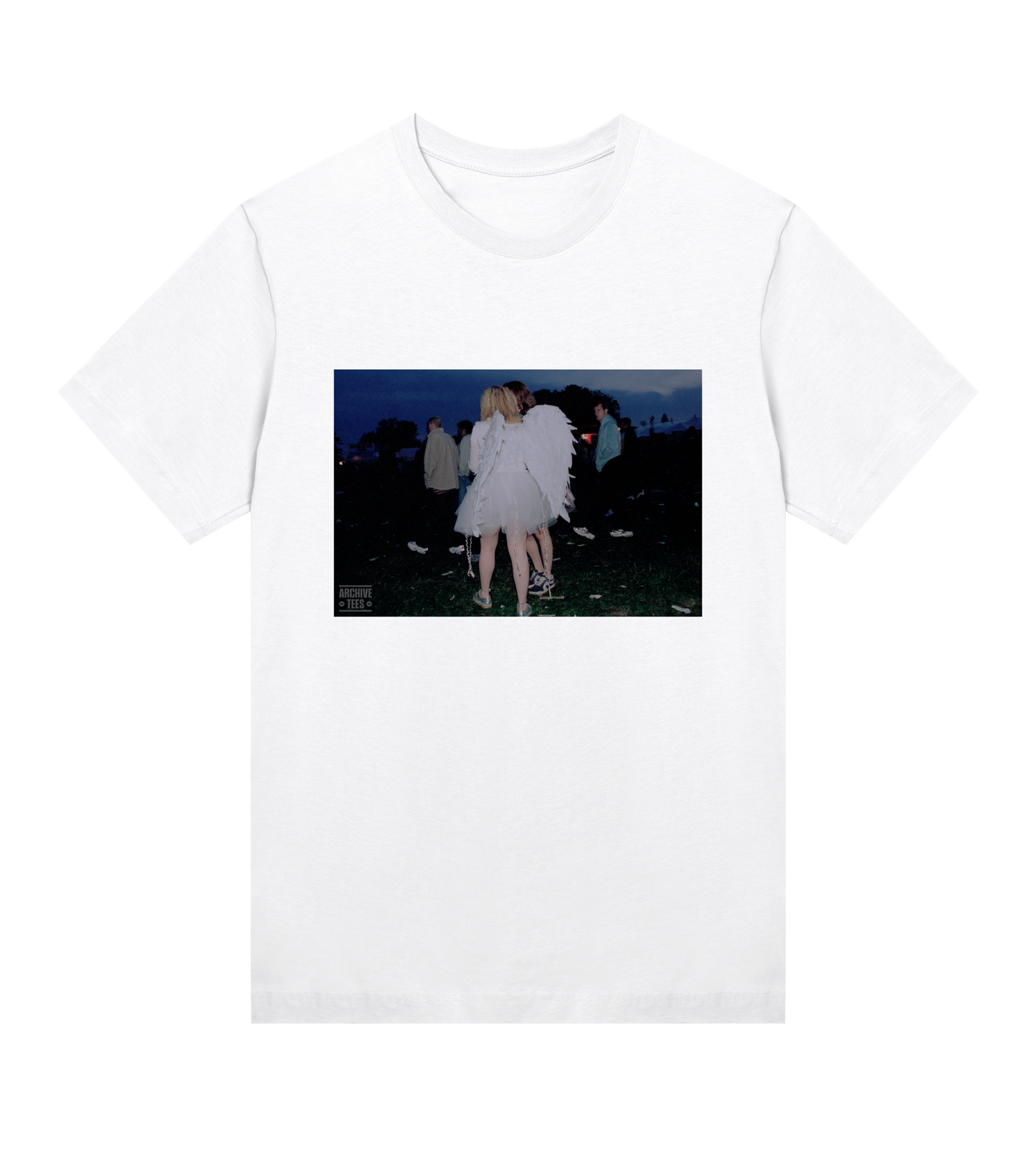 Archive Tees women's t-shirt in white with a vintage picture of a girl wearing angel wings at dawn at the Creamfields dance music festival in 1998. Vintage music festival T-shirt. Vintage music festival T-shirt.