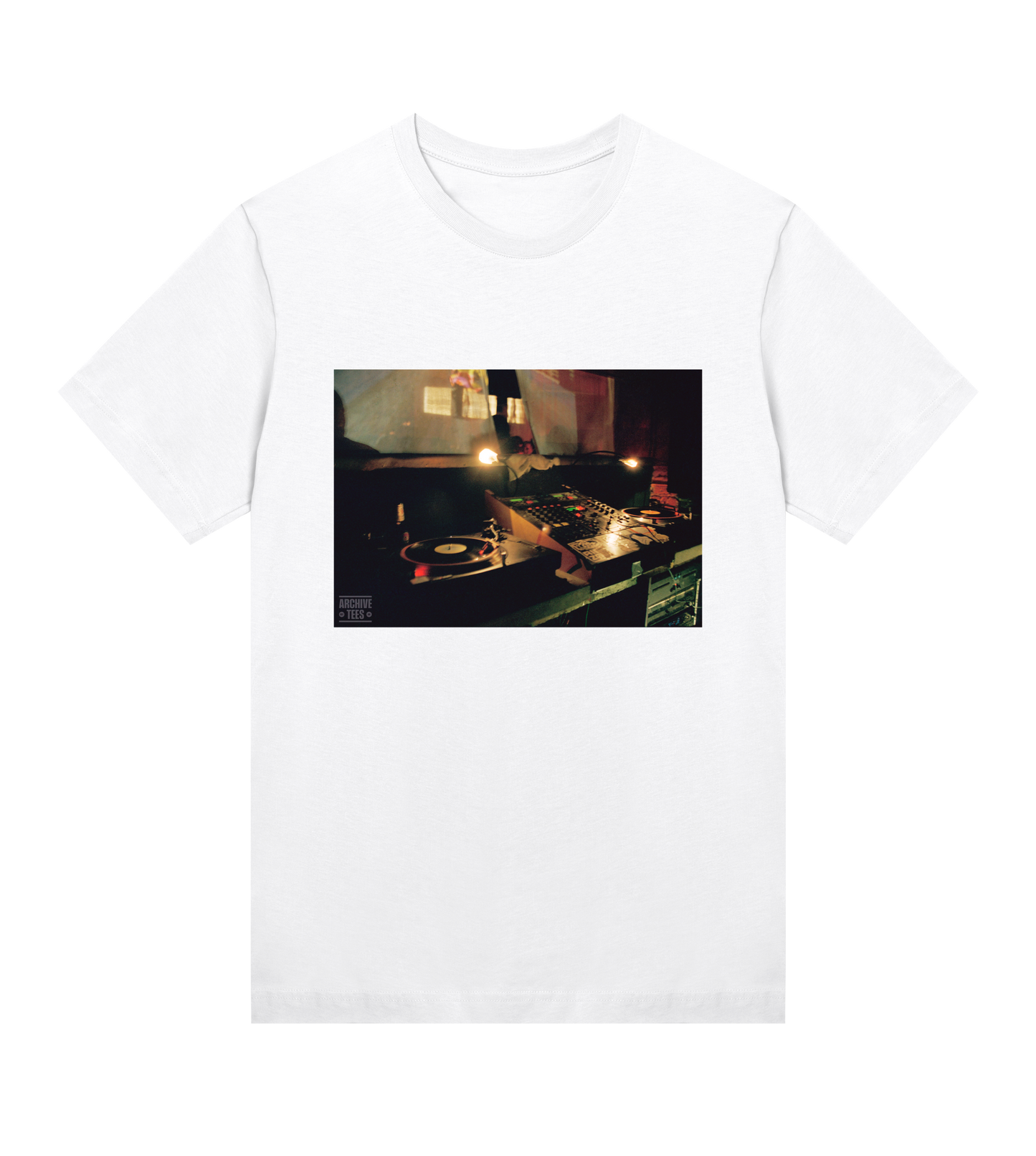 Archive Tees women's T-shirt in white with vintage photograph of DJ booth at Movement Drum and Bass club night at Bar Rumba London in 1998. Vintage clubbing T-shirt by Archive Tees. Sold by Archive Tees shop.