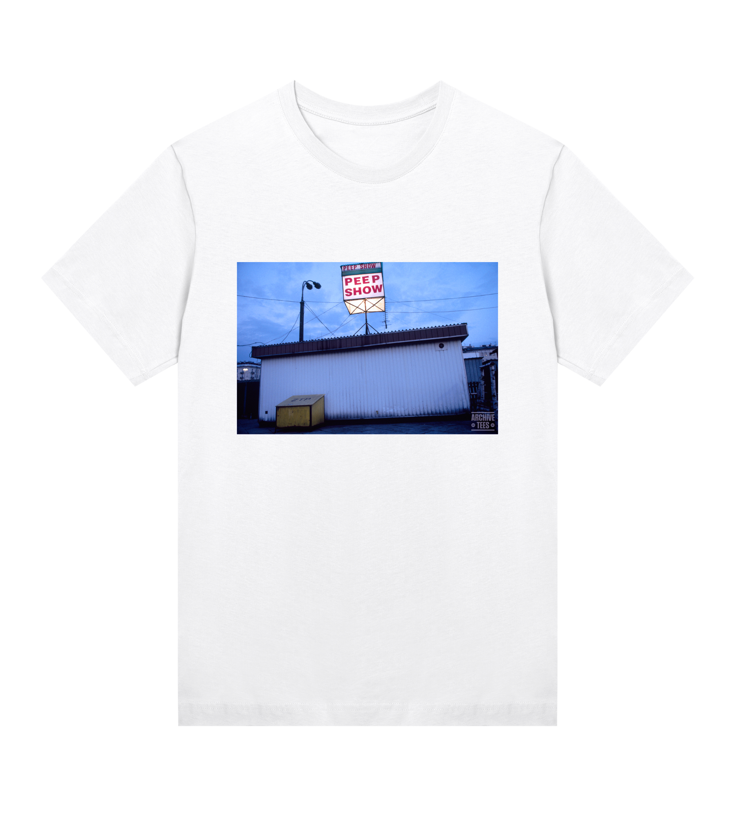 Archive Tees women's T-shirt in white with vintage photograph of Peep Show shed in Warsaw, Poland in 1998. Vintage clubbing T-shirt by Archive Tees. Sold by Archive Tees shop.