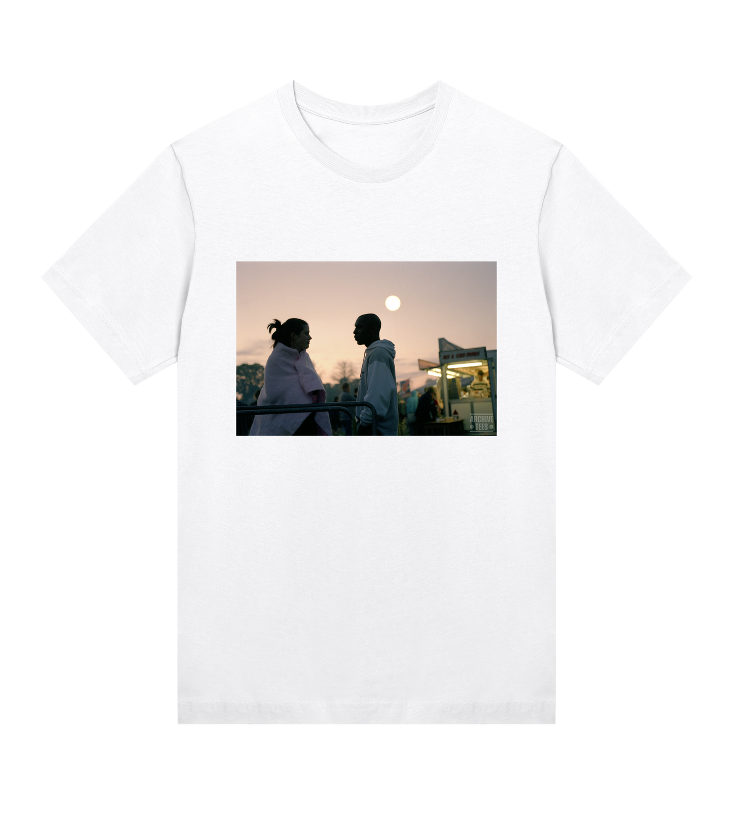 Archive Tees women's T-shirt in white with a vintage picture of a couple at dawn at the Creamfields dance music festival in 1998. Vintage music festival T-shirt. Sold by Archive Tees shop.